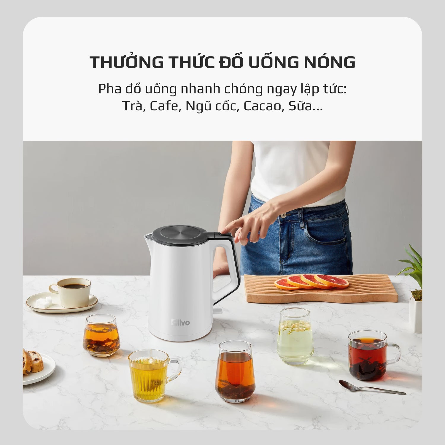 Ấm Siêu Tốc OLIVO EK200 – Màu Trắng Đen Hiện Đại, Lòng Ấm Inox 304, Bảo Vệ 4 Lớp, Dung Tích 1.5L, Công Suất Lớn 1500-1800W