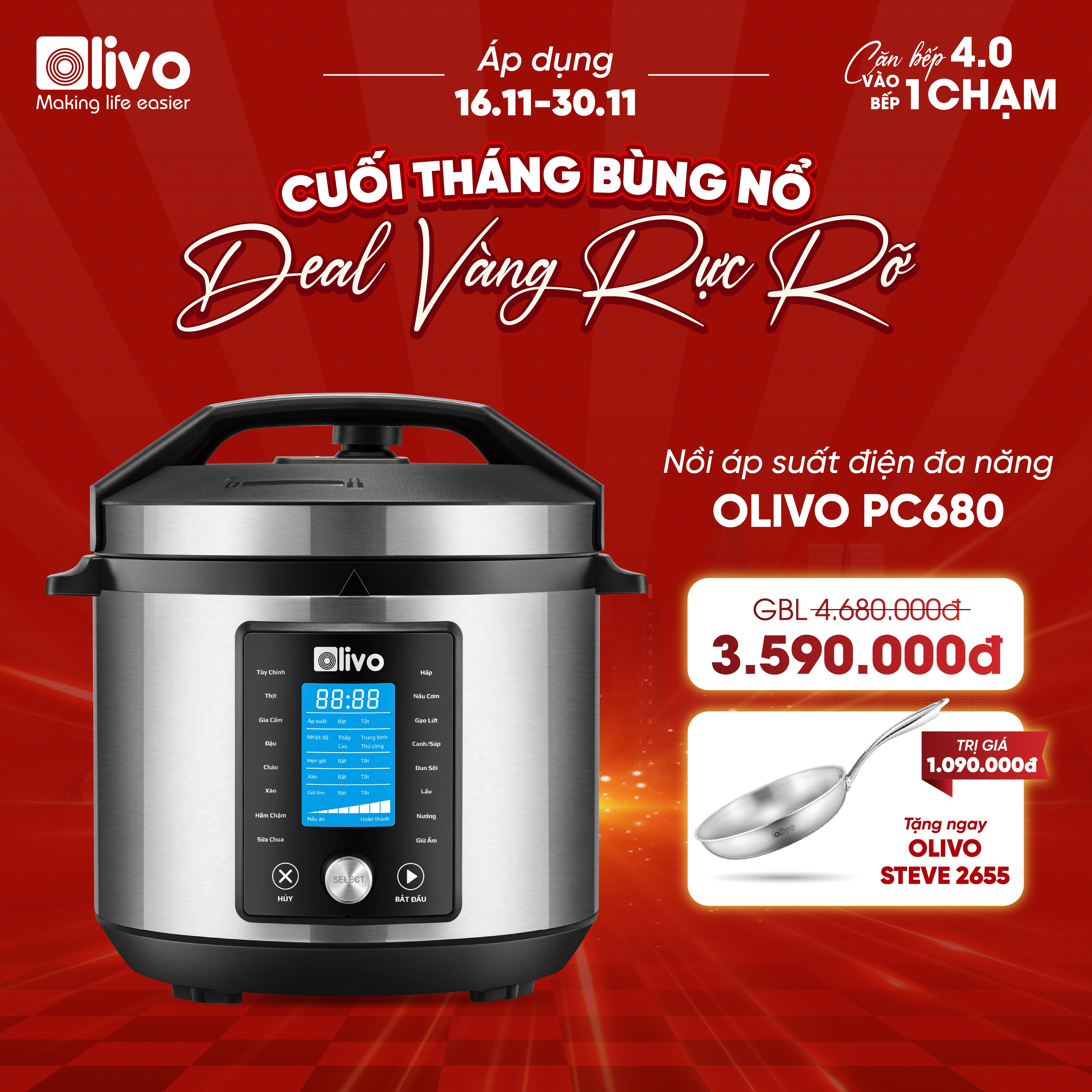 Nồi Áp Suất Điện Đa Năng OLIVO PC680 - Màn Hình OLED Hiện Đại, Lòng Nồi INOX 304, Đa Chức Năng 16 Chế Độ Cài Sẵn, Dung Tích 6L, Công Suất 1500W