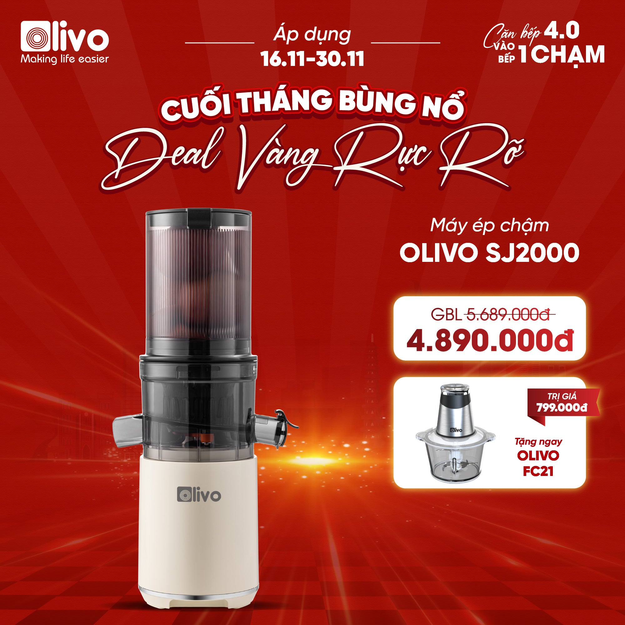 Máy Ép Chậm OLIVO SJ2000 - Khoang Tiếp Lớn, Củ Ép Kết Hợp Lưỡi Cắt Thông Minh, Thiết Kế Sang Trọng, Đẳng Cấp
