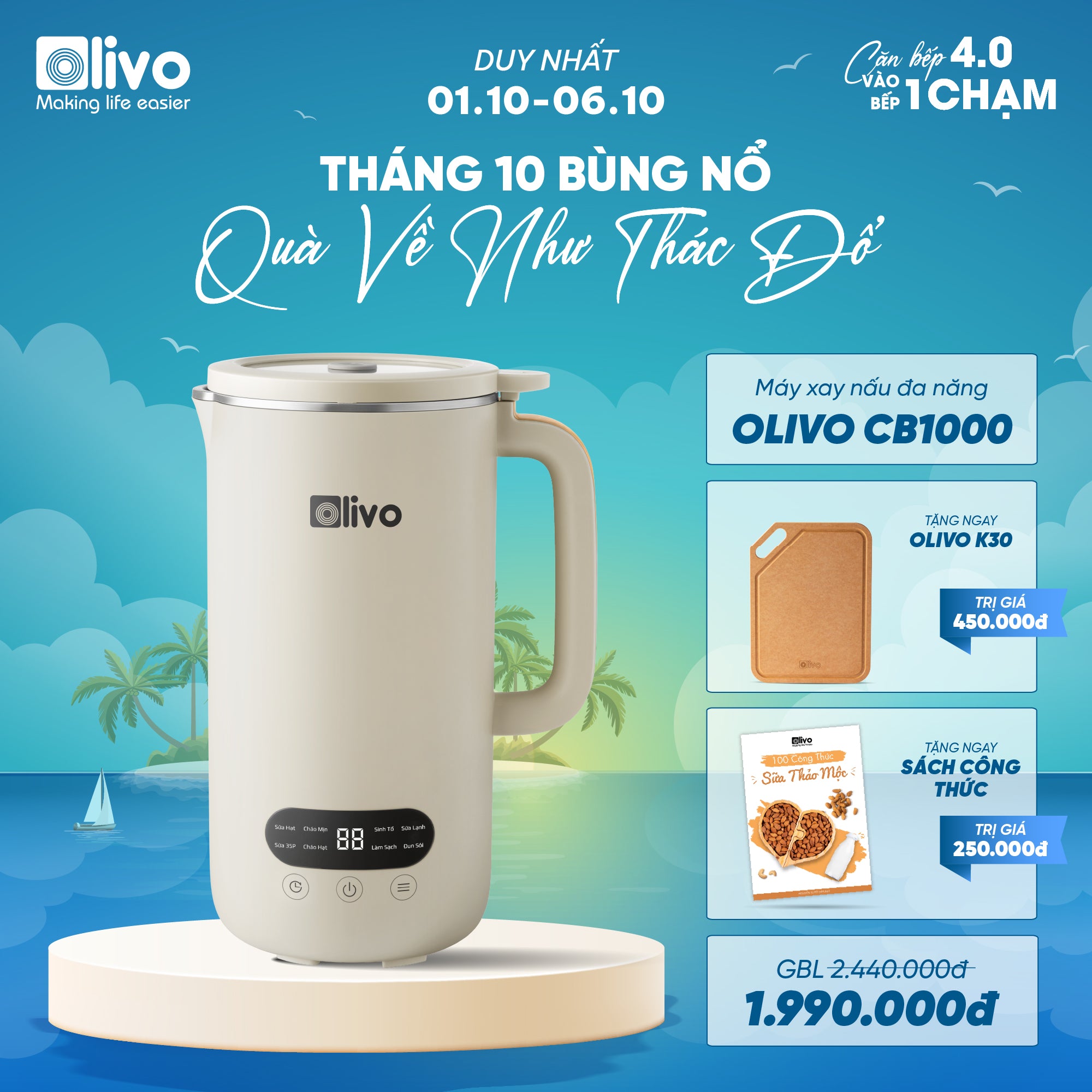 Máy Xay Nấu Đa Năng OLIVO CB1000 - Dung Tích 1L, Nắp INOX Kết Hợp Kính Cường Lực Duy Nhất Trên Thị Trường, Công Suất 880W, 9 Chế Độ, Chống Trào Tuyệt Đối