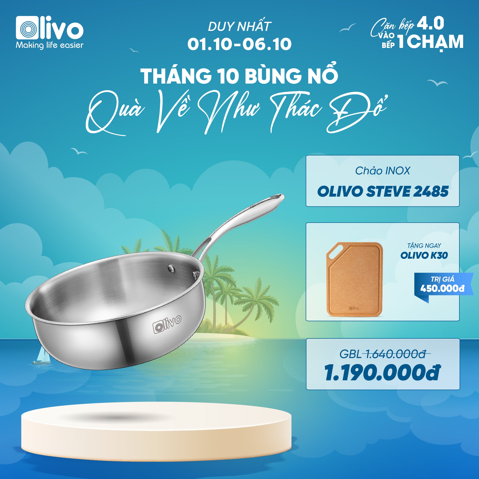 Chảo INOX OLIVO STEVE 2485 – Chống Dính Tự Nhiên, Đáy 4 Lớp, Đường Kính 24cm, Sâu Lòng 8.5cm, Nấu Được Trên Mọi Loại Bếp