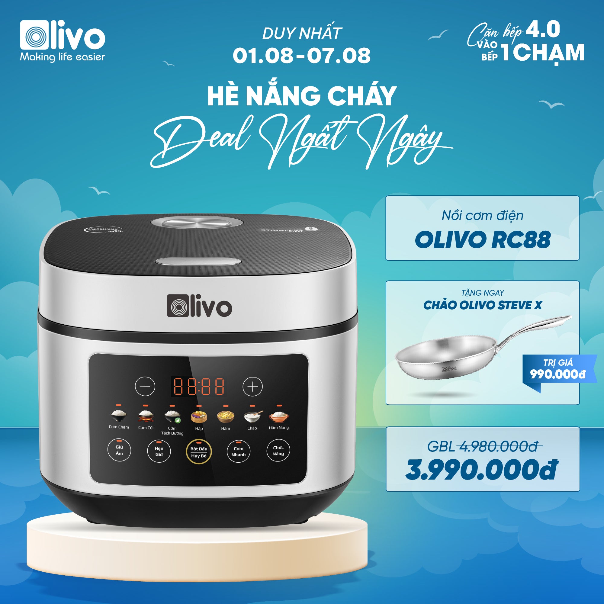 Nồi Cơm Điện OLIVO RC88 – Lòng Nồi INOX 304 Chống Dính Tự Nhiên, Bảng Điều Khiển OLED Sống Động, Nấu Cơm Ngon, Thiết Kế Sang Trọng
