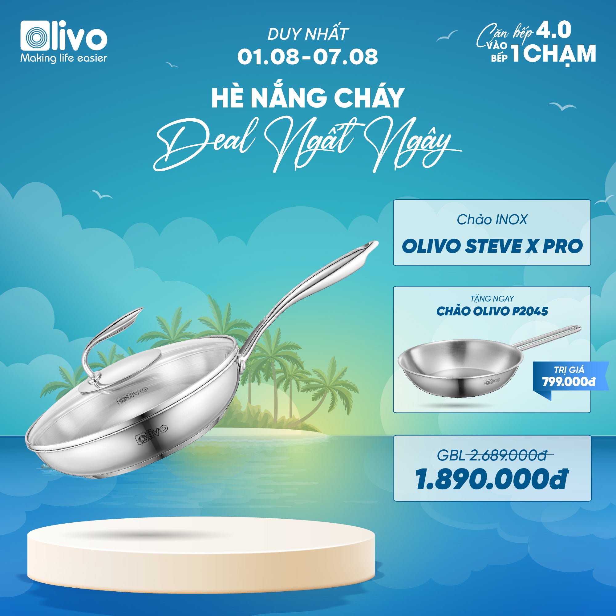 Chảo INOX OLIVO STEVE X PRO - Chống Dính Tự Nhiên, Đáy 5 Lớp, Đường Kính 24cm – Nấu Được Trên Mọi Loại Bếp