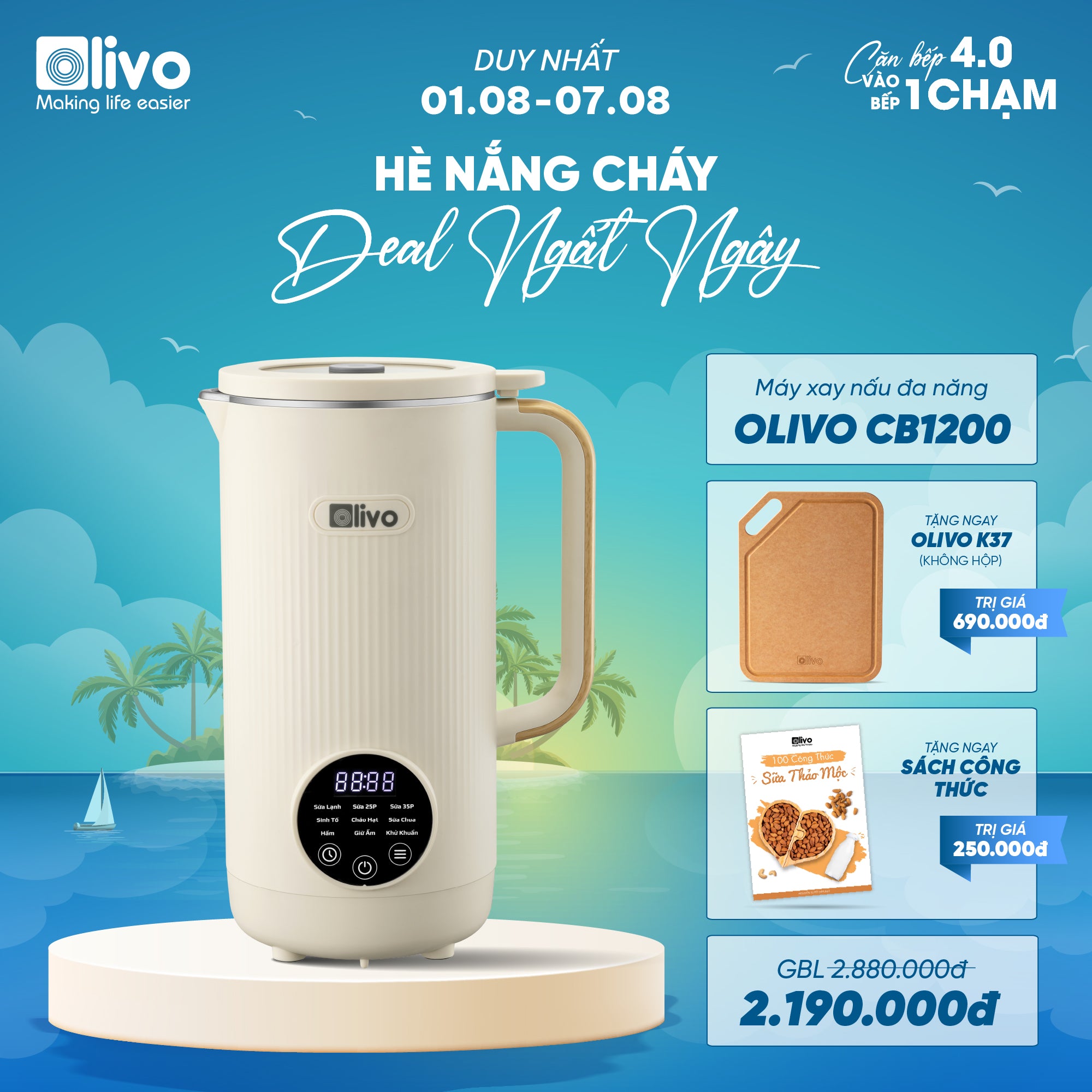 Máy Xay Nấu Đa Năng OLIVO CB1200 - Dung Tích 1.2L - Nắp INOX 304 Kết Hợp Kính Cường Lực - 10 Chế Độ, Khử Khuẩn, Chống Trào Tuyệt Đối