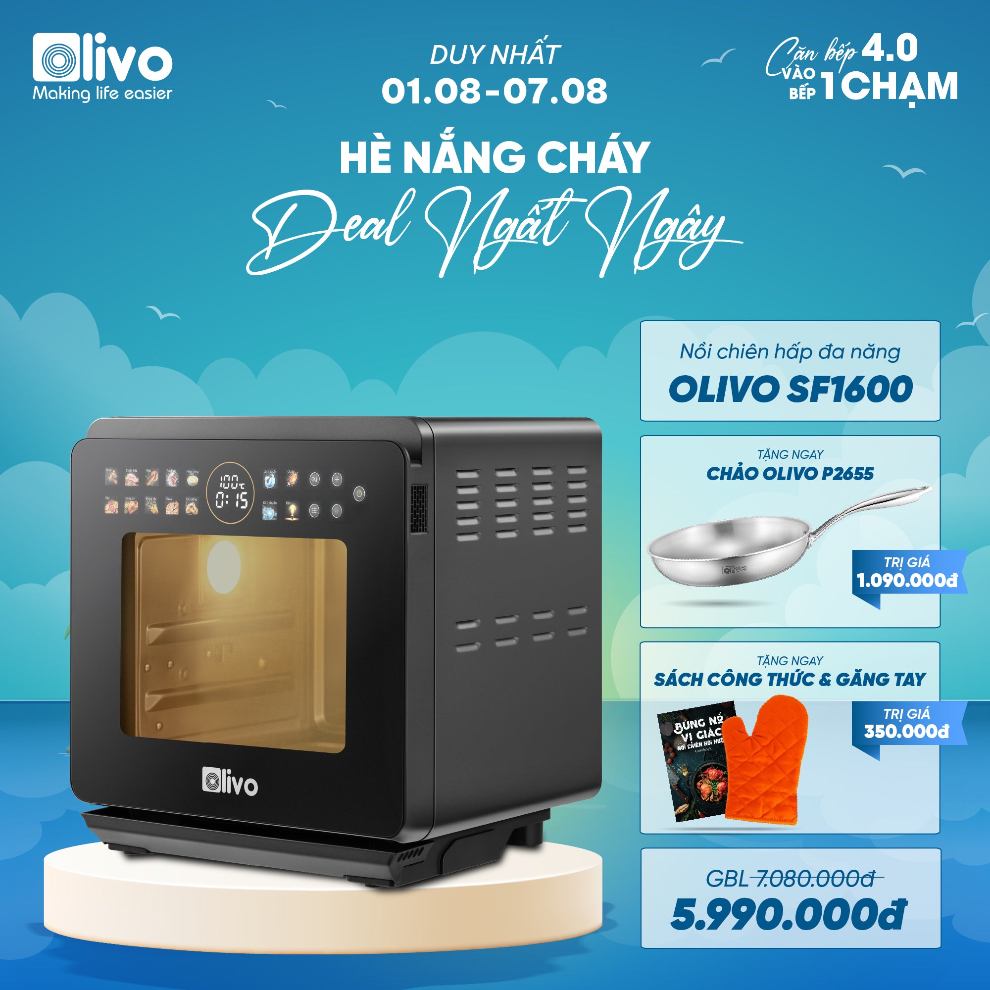 Nồi Chiên Hấp Đa Năng OLIVO SF1600 - Phiên bản Đặc Biệt cao cấp nhất, Màn hình OLED hiện đại, 70 chế độ cài sẵn, Dung tích 16L, Vệ sinh dễ dàng