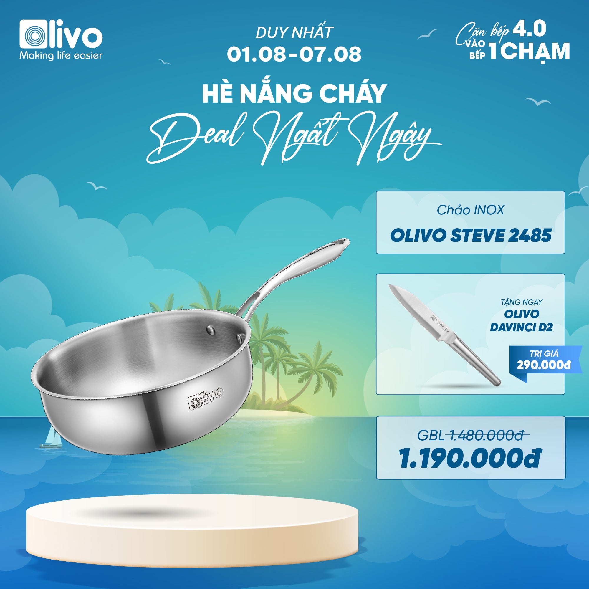 Chảo INOX OLIVO STEVE 2485 – Chống Dính Tự Nhiên, Đáy 4 Lớp, Đường Kính 24cm, Sâu Lòng 8.5cm, Nấu Được Trên Mọi Loại Bếp