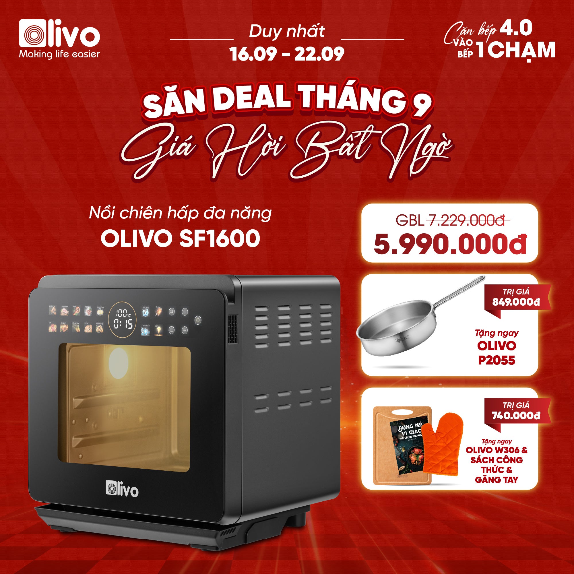 Nồi Chiên Hấp Đa Năng OLIVO SF1600 - Phiên bản Đặc Biệt cao cấp nhất, Màn hình OLED hiện đại, 70 chế độ cài sẵn, Dung tích 16L, Vệ sinh dễ dàng