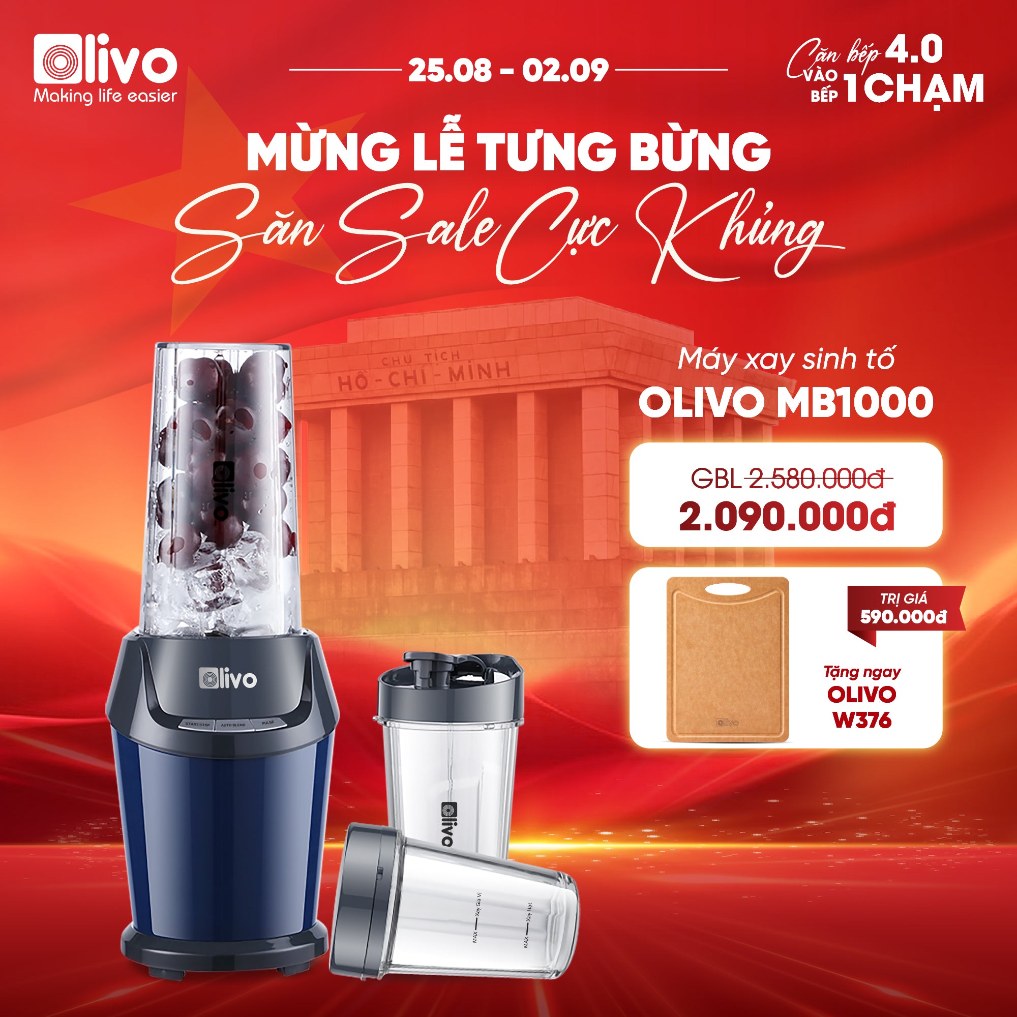Máy Xay Sinh Tố OLIVO MB1000 - Ba Cốc Xay Linh Hoạt - Xay Đá Bào, Xay Sinh Tố, Smoothie, Đồ Ăn Dặm Cho Bé, Xay Đồ Khô - Công Suất Lớn 1000W