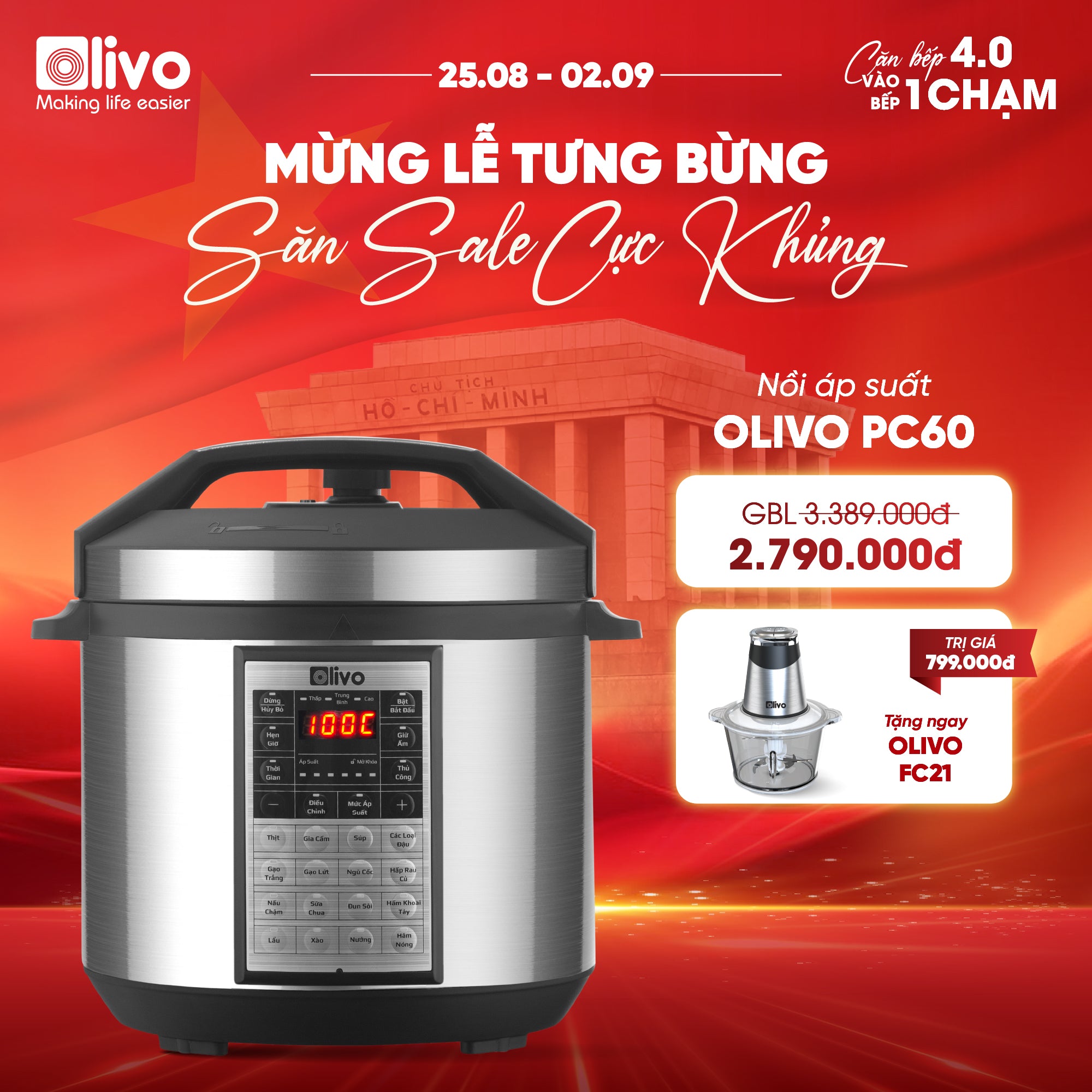 Nồi Áp Suất Điện Đa Năng OLIVO PC60 - 16 Chức Năng - Dung Tích 6L - Công Suất 1000W