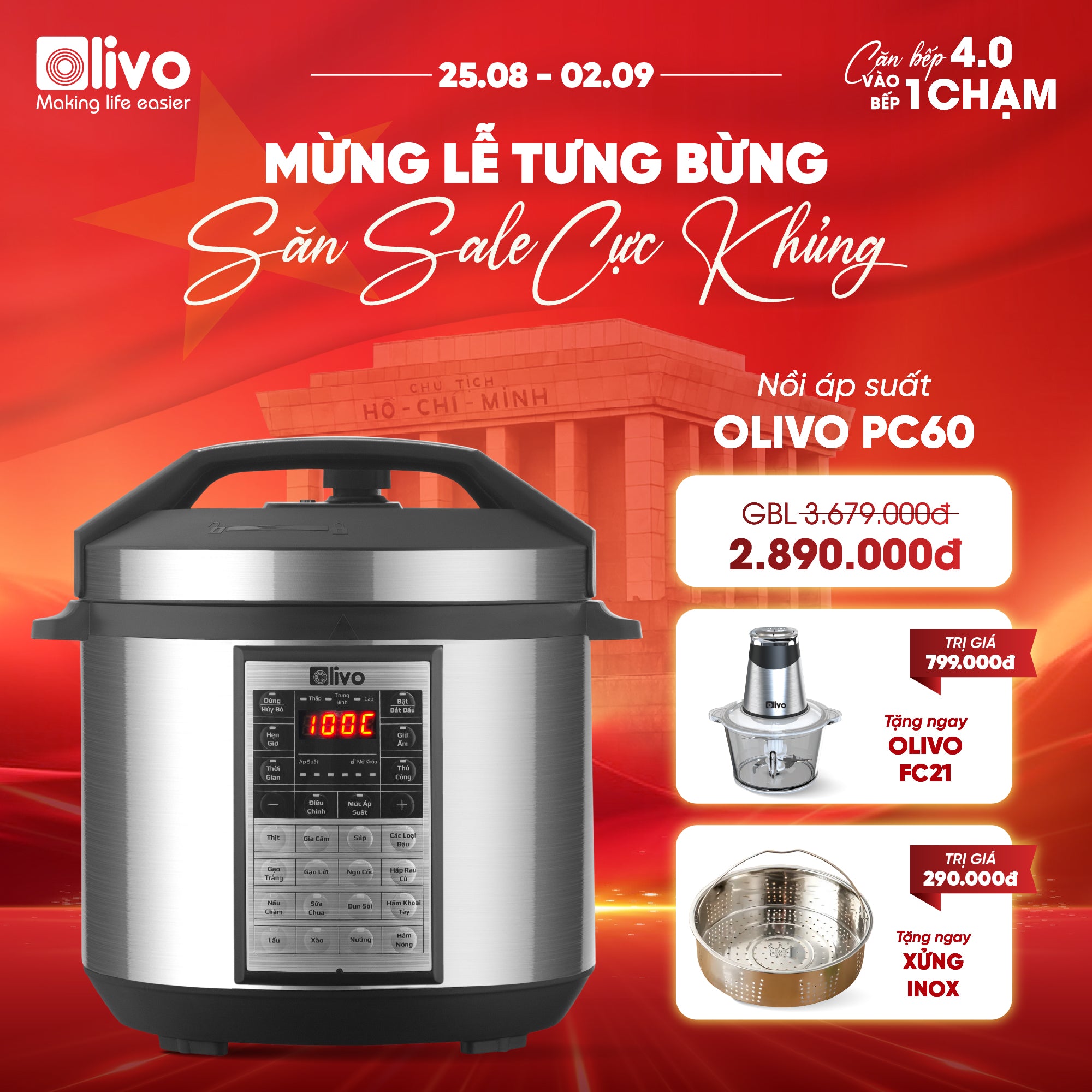 Nồi Áp Suất Điện Đa Năng OLIVO PC60 - 16 Chức Năng - Dung Tích 6L - Công Suất 1000W