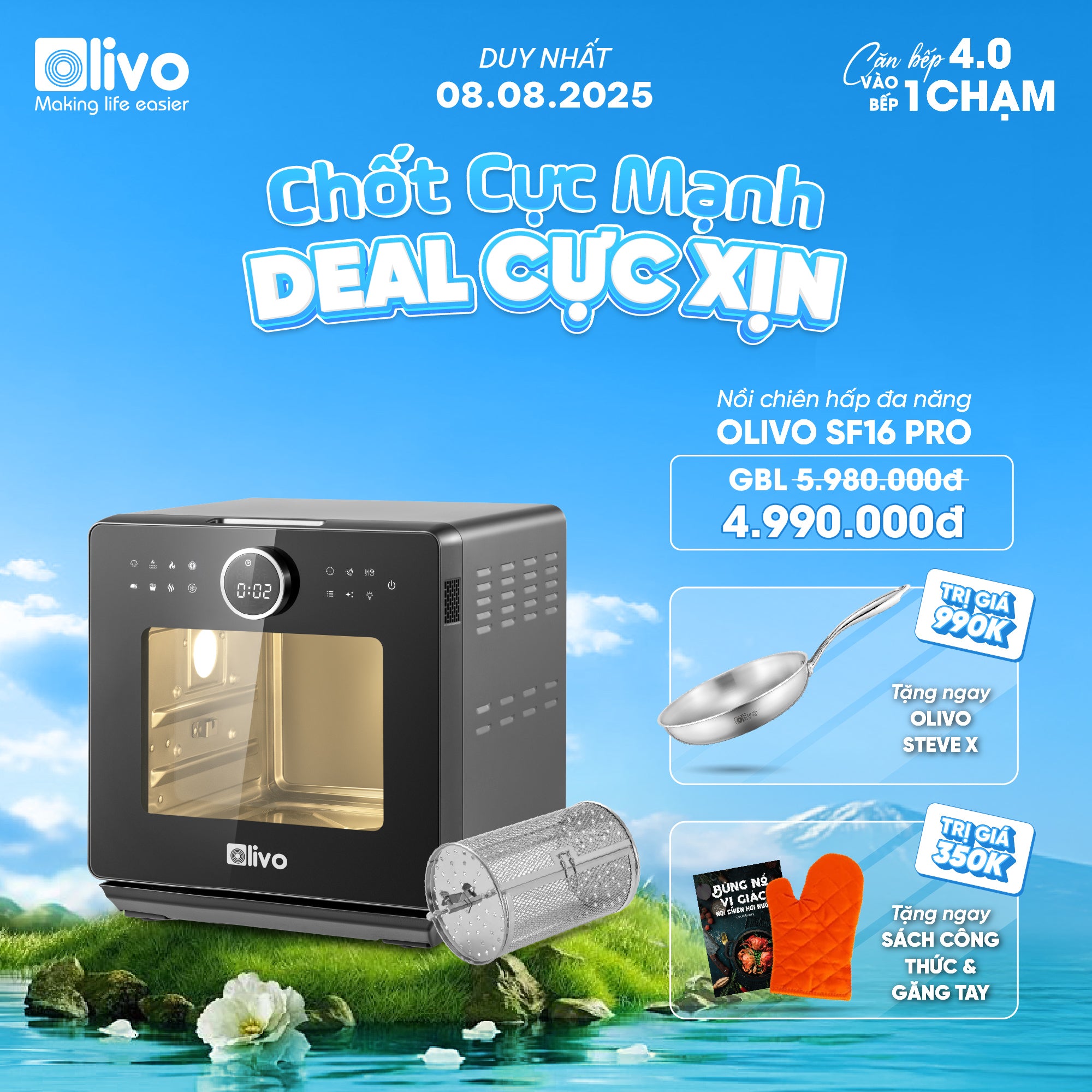 Nồi Chiên Hấp Đa Năng OLIVO SF16 PRO 2025 - 70 Chế Độ Cài Sẵn, Toàn Bộ Khoang Nồi Và Phụ Kiện Bằng Inox 304 Cao Cấp, Dung Tích 16L, Vệ Sinh Dễ Dàng
