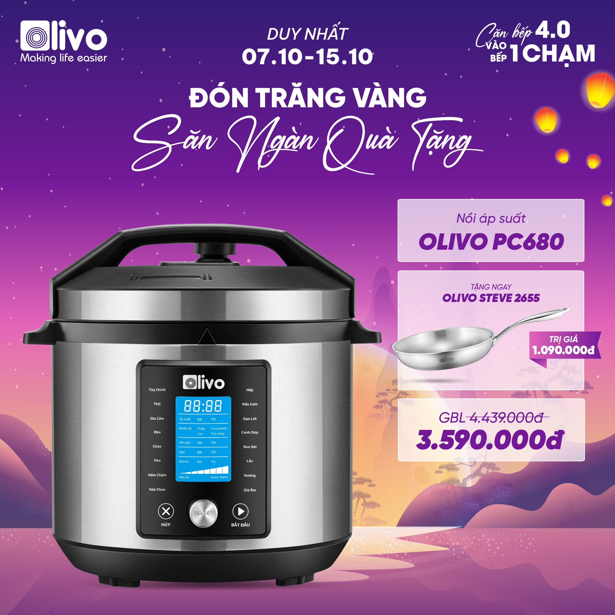 Nồi Áp Suất Điện Đa Năng OLIVO PC680 - Màn Hình OLED Hiện Đại, Lòng Nồi INOX 304, Đa Chức Năng 16 Chế Độ Cài Sẵn, Dung Tích 6L, Công Suất 1500W