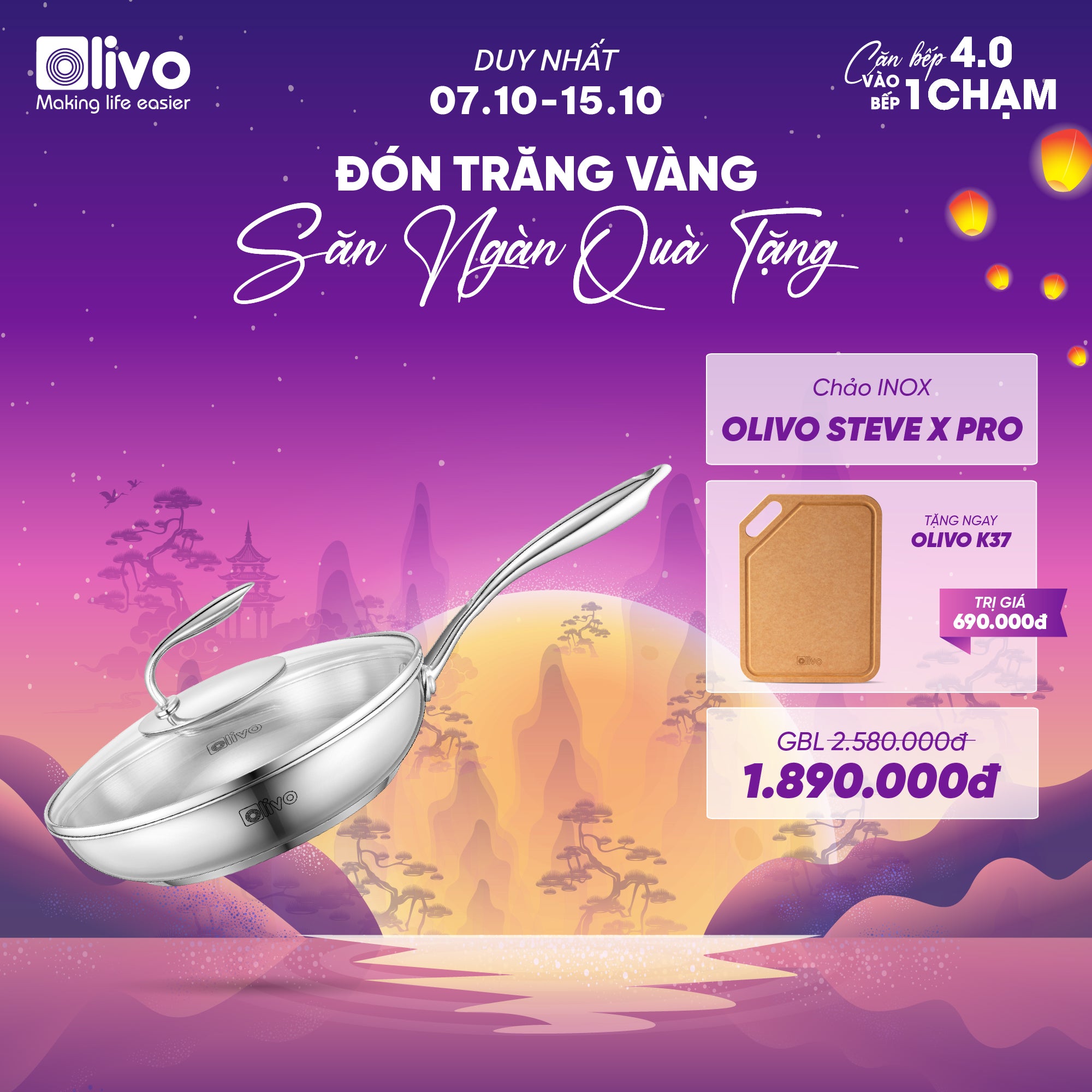 Chảo INOX OLIVO STEVE X PRO - Chống Dính Tự Nhiên, Đáy 5 Lớp, Đường Kính 24cm – Nấu Được Trên Mọi Loại Bếp