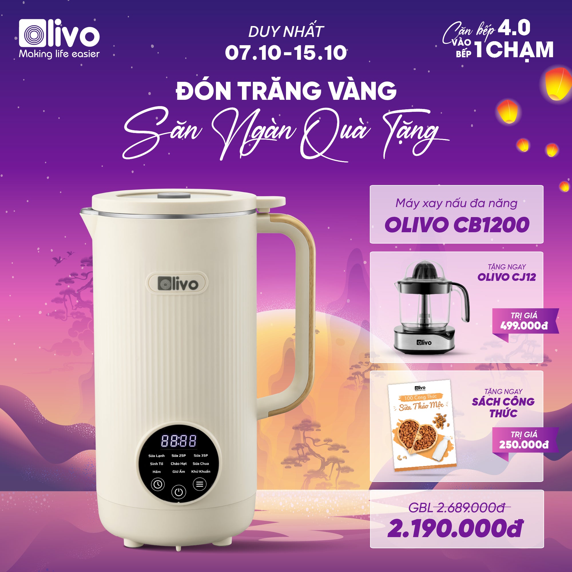 Máy Xay Nấu Đa Năng OLIVO CB1200 - Dung Tích 1.2L - Nắp INOX 304 Kết Hợp Kính Cường Lực - 10 Chế Độ, Khử Khuẩn, Chống Trào Tuyệt Đối