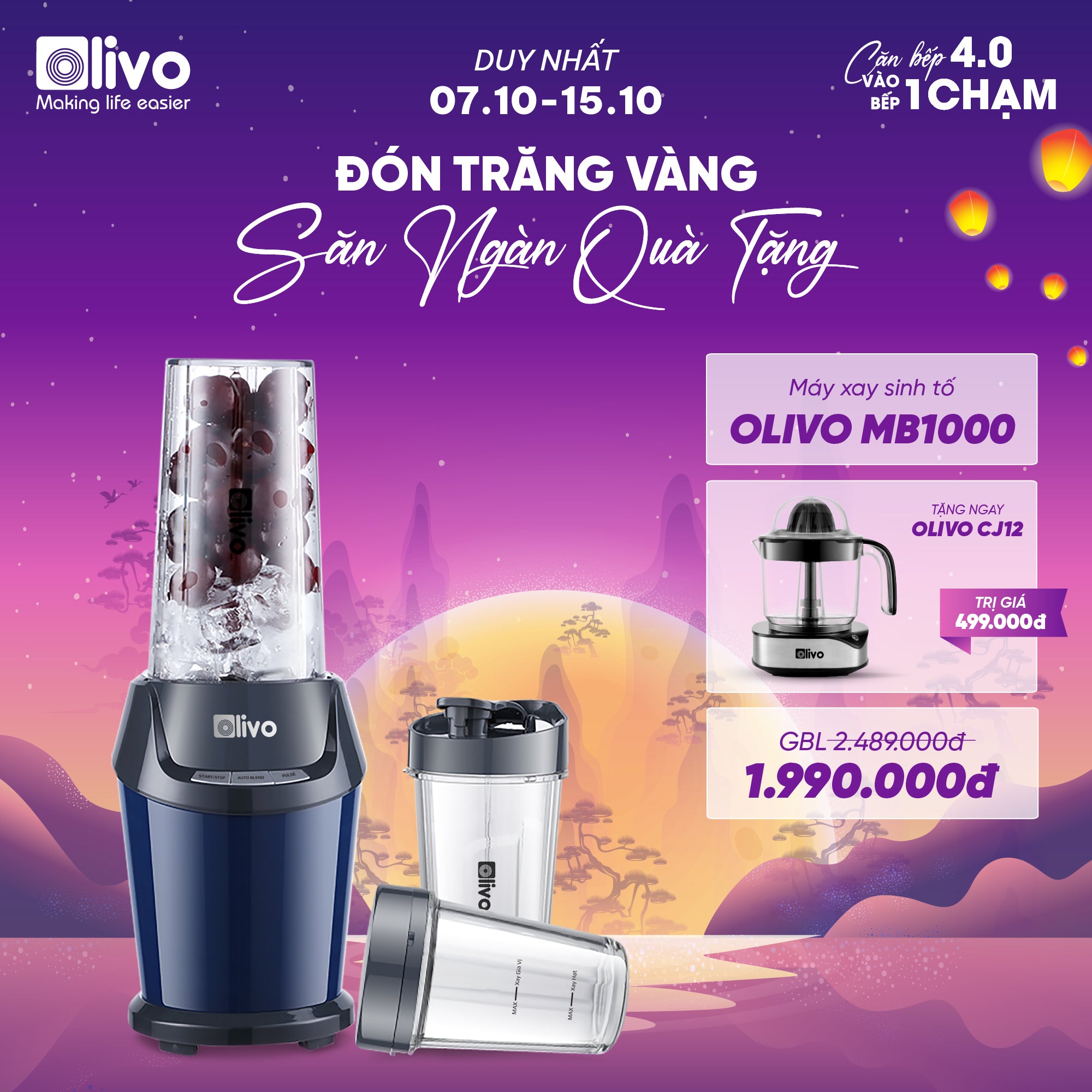 Máy Xay Sinh Tố OLIVO MB1000 - Ba Cốc Xay Linh Hoạt - Xay Đá Bào, Xay Sinh Tố, Smoothie, Đồ Ăn Dặm Cho Bé, Xay Đồ Khô - Công Suất Lớn 1000W