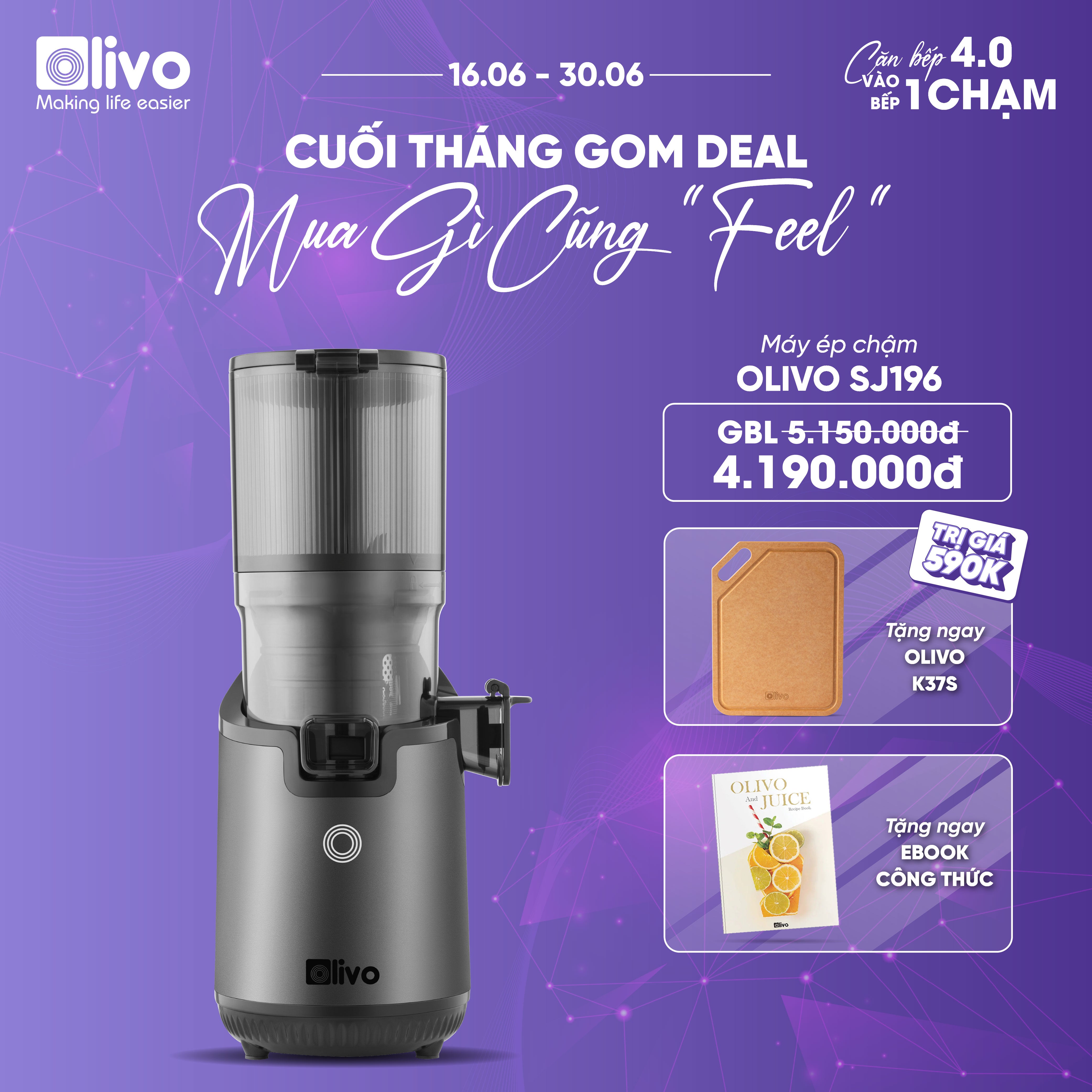Máy Ép Chậm OLIVO SJ196 Titanium - Ép Trái Cây Nguyên Quả - Động Cơ AC Cao Cấp, Êm Nhất Thị Trường