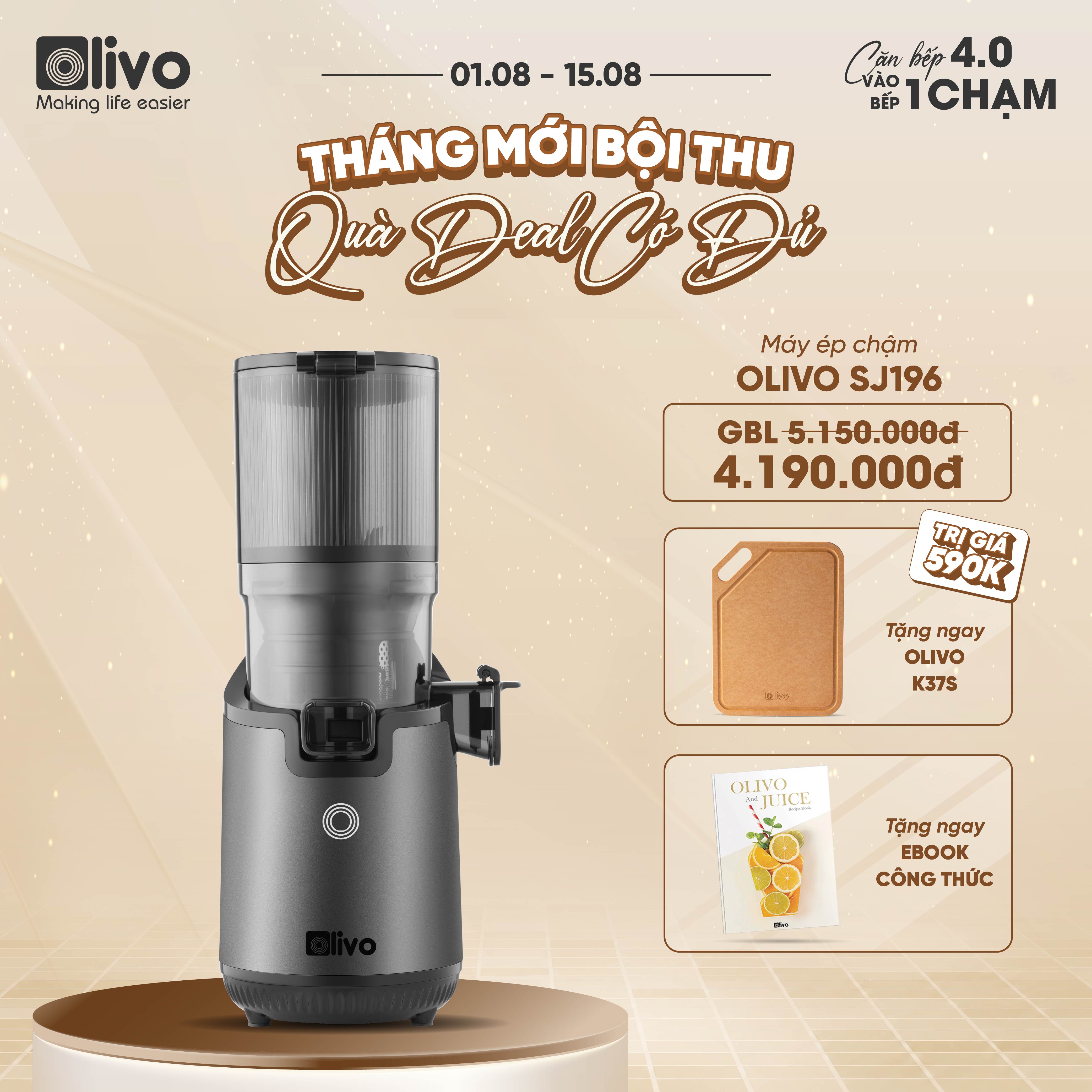Máy Ép Chậm OLIVO SJ196 Titanium - Ép Trái Cây Nguyên Quả - Động Cơ AC Cao Cấp, Vận Hành Êm Ái