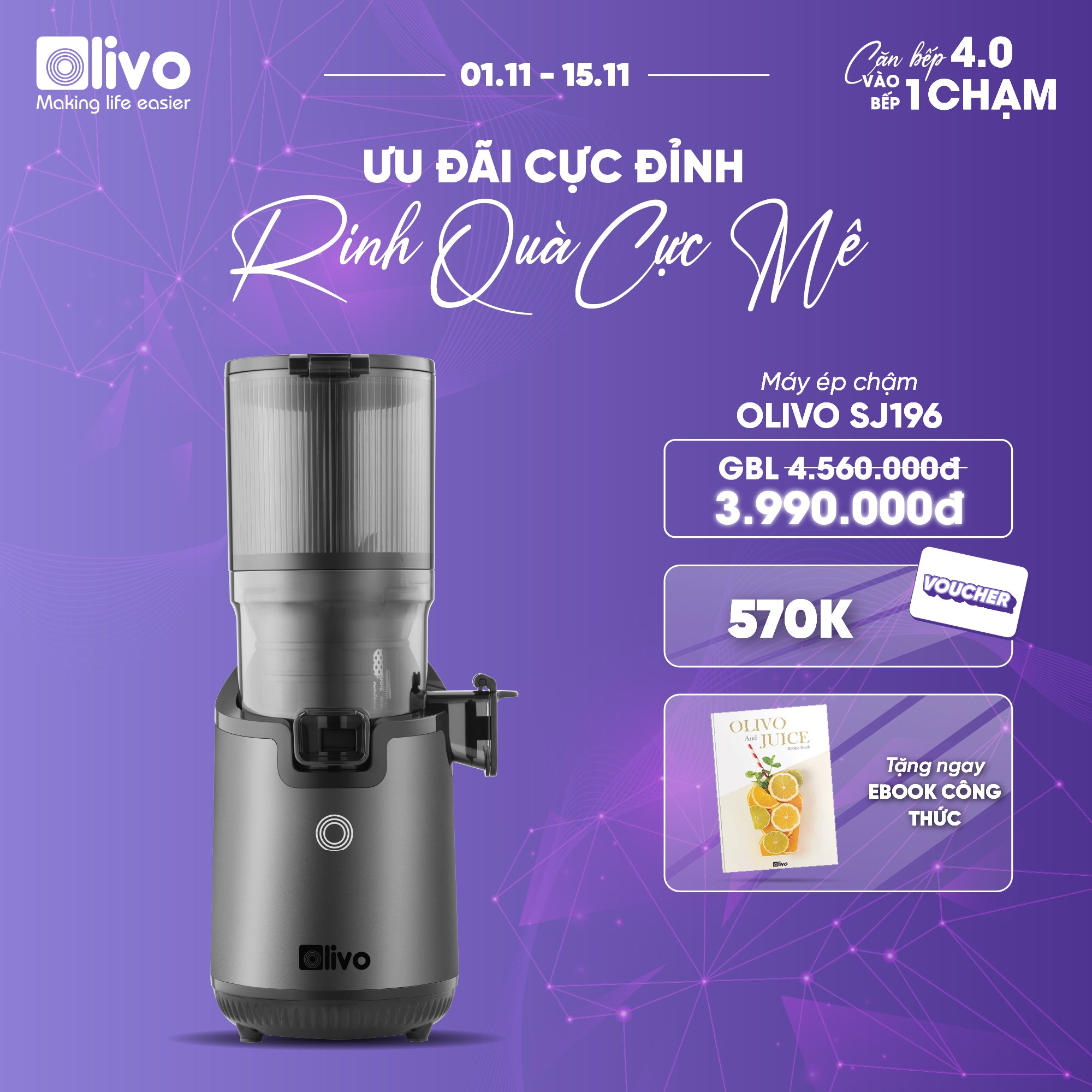 Máy Ép Chậm OLIVO SJ196 Titanium - Ép Trái Cây Nguyên Quả - Động Cơ AC Cao Cấp, Êm Nhất Thị Trường