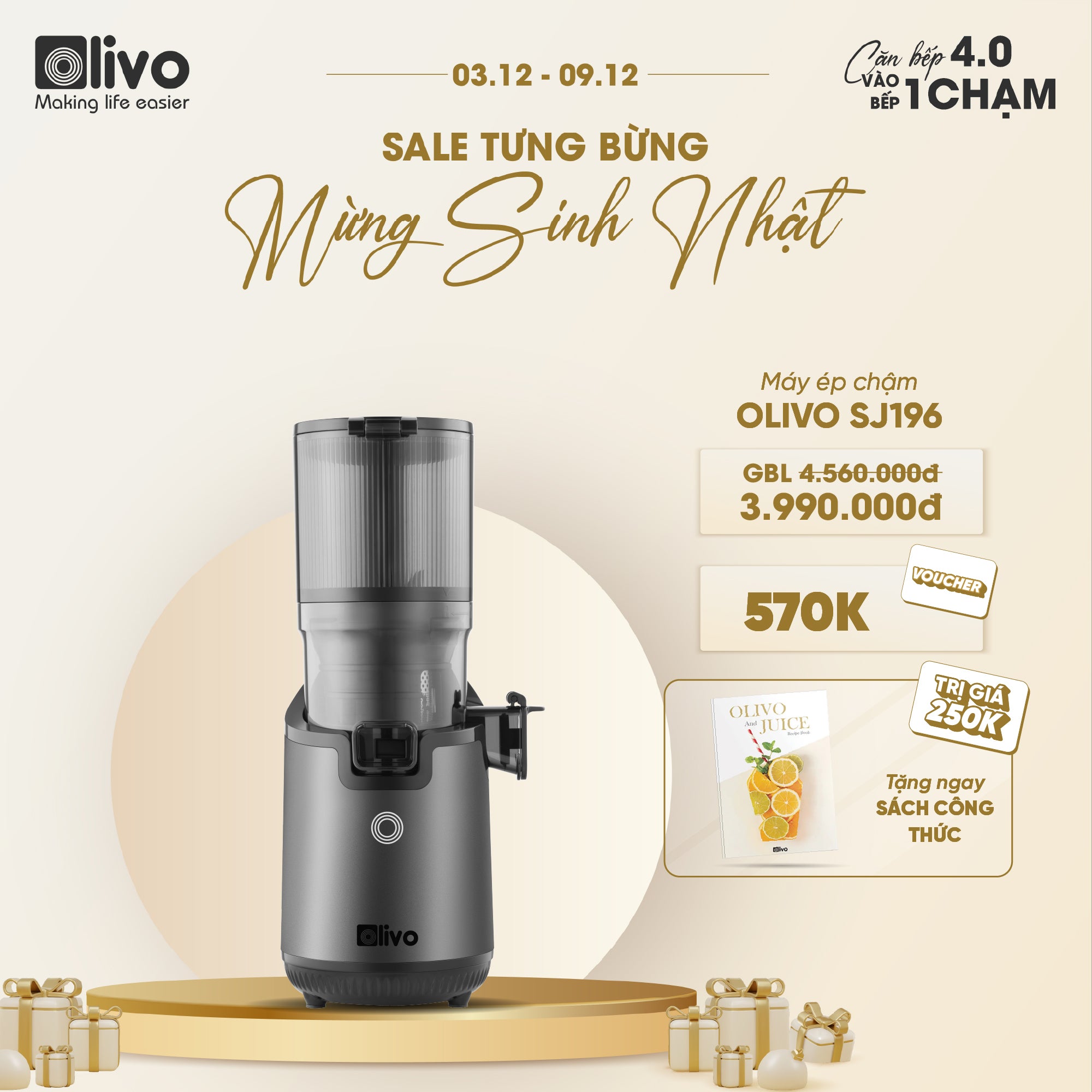 Máy Ép Chậm OLIVO SJ196 Titanium - Ép Trái Cây Nguyên Quả - Động Cơ AC Cao Cấp, Êm Nhất Thị Trường