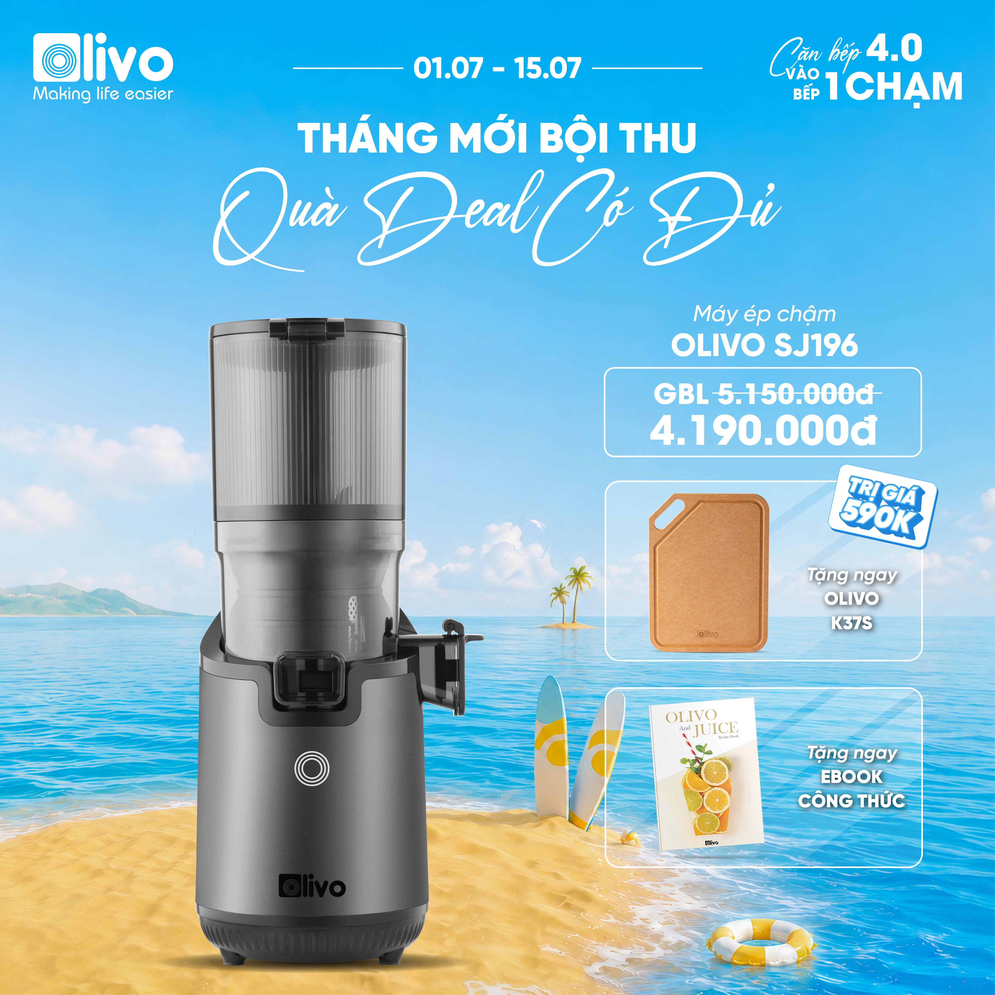 Máy Ép Chậm OLIVO SJ196 Titanium - Ép Trái Cây Nguyên Quả - Động Cơ AC Cao Cấp, Êm Nhất Thị Trường
