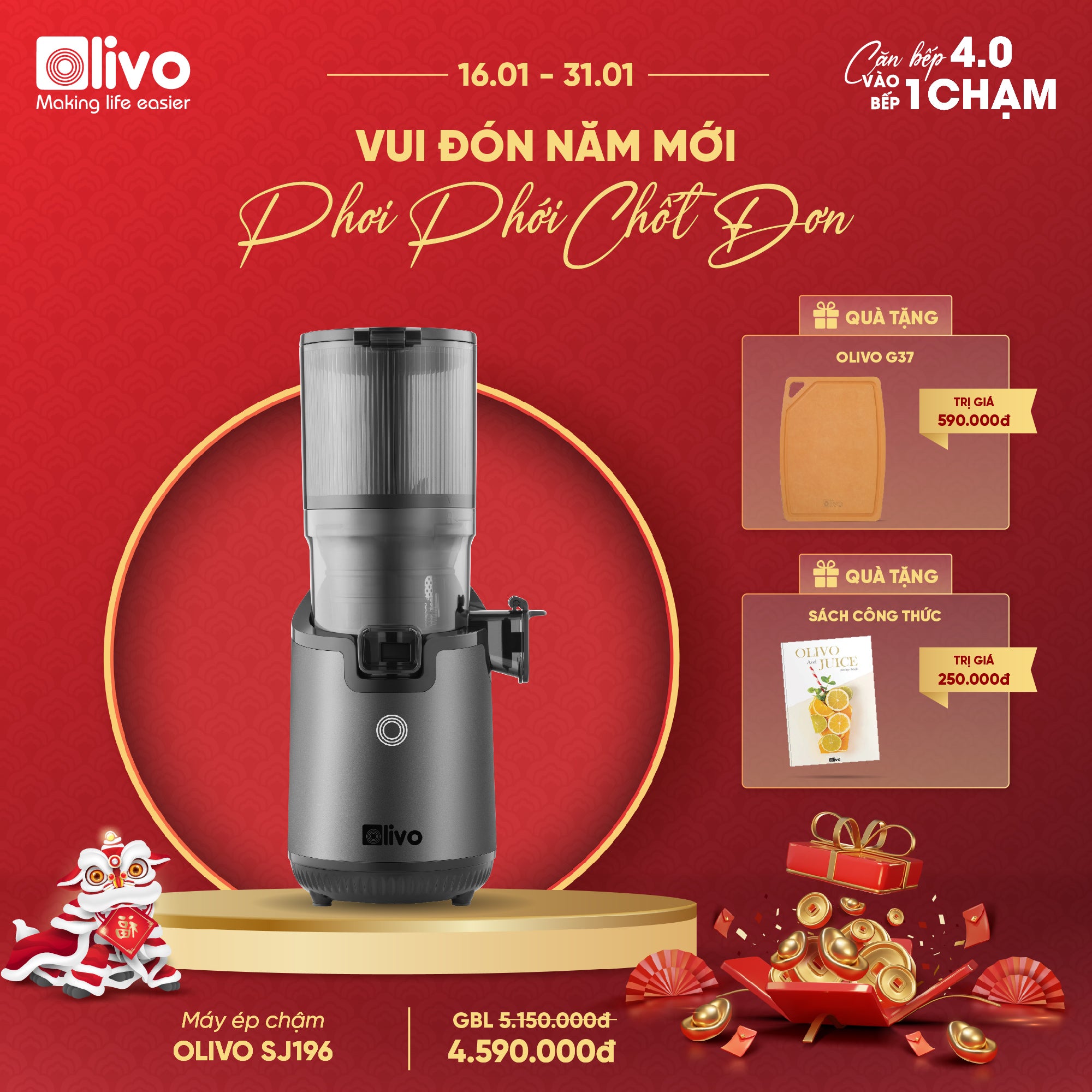 Máy Ép Chậm OLIVO SJ196 Titanium - Ép Trái Cây Nguyên Quả - Động Cơ AC Cao Cấp, Êm Nhất Thị Trường