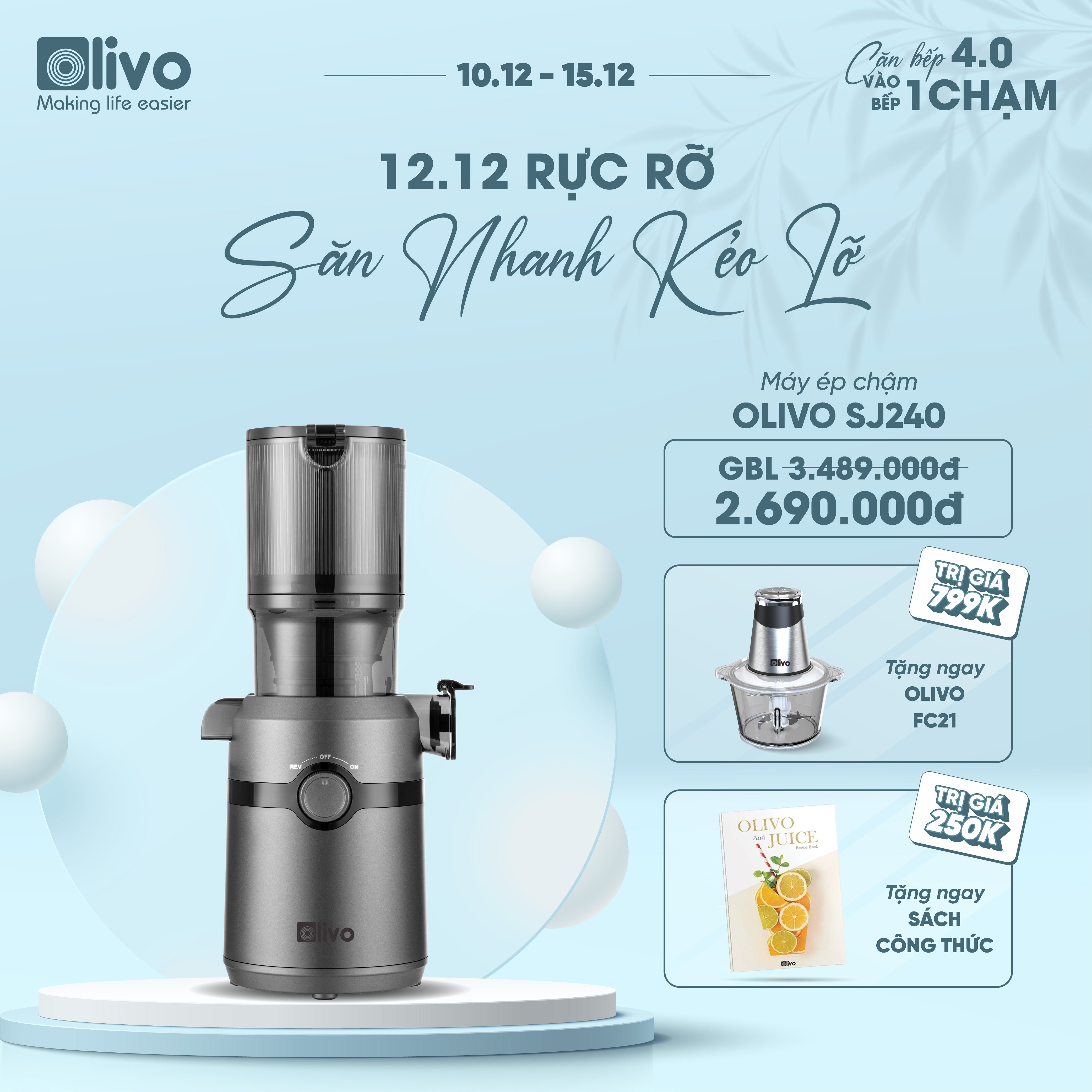 Máy Ép Chậm OLIVO SJ240 - Phiên Bản Giới Hạn Màu Titanium - Khoang Tiếp Lớn - Giải Pháp Hoàn Hảo Cho Việc Ép Kết Hợp Trái Cây, Rau Củ