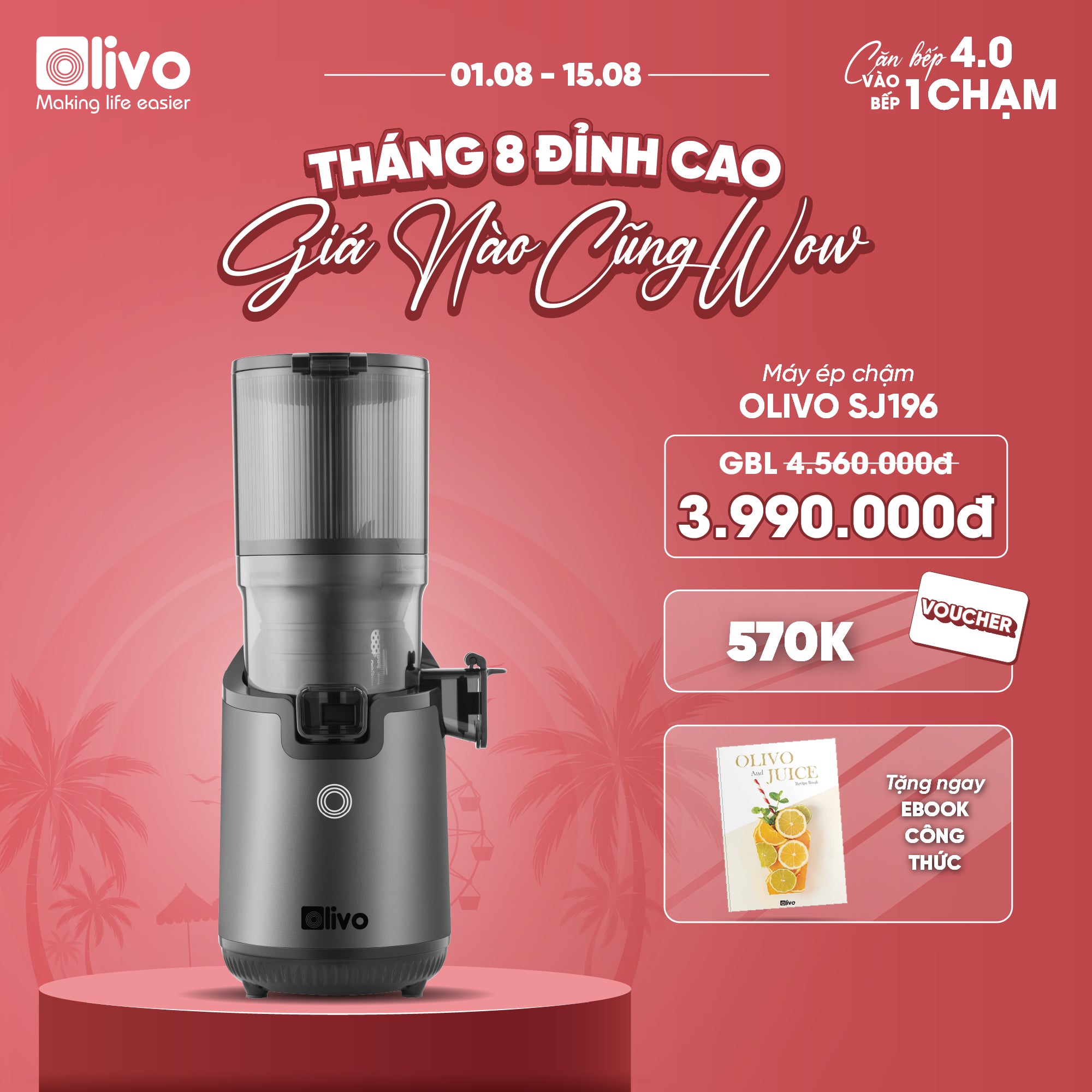 Máy Ép Chậm OLIVO SJ196 Titanium - Ép Trái Cây Nguyên Quả - Động Cơ AC Cao Cấp, Êm Nhất Thị Trường