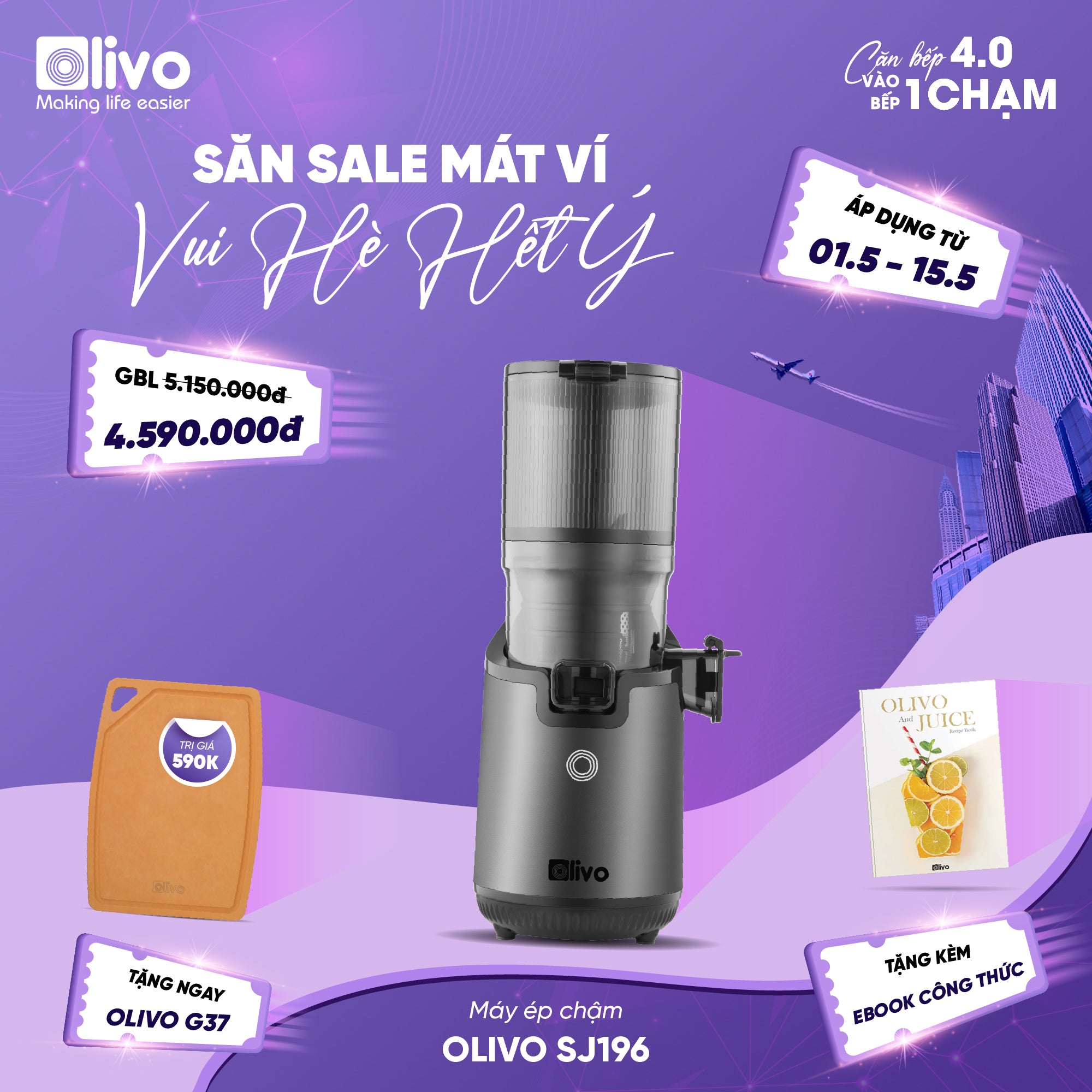 Máy Ép Chậm OLIVO SJ196 Titanium - Ép Trái Cây Nguyên Quả - Động Cơ AC Cao Cấp, Êm Nhất Thị Trường