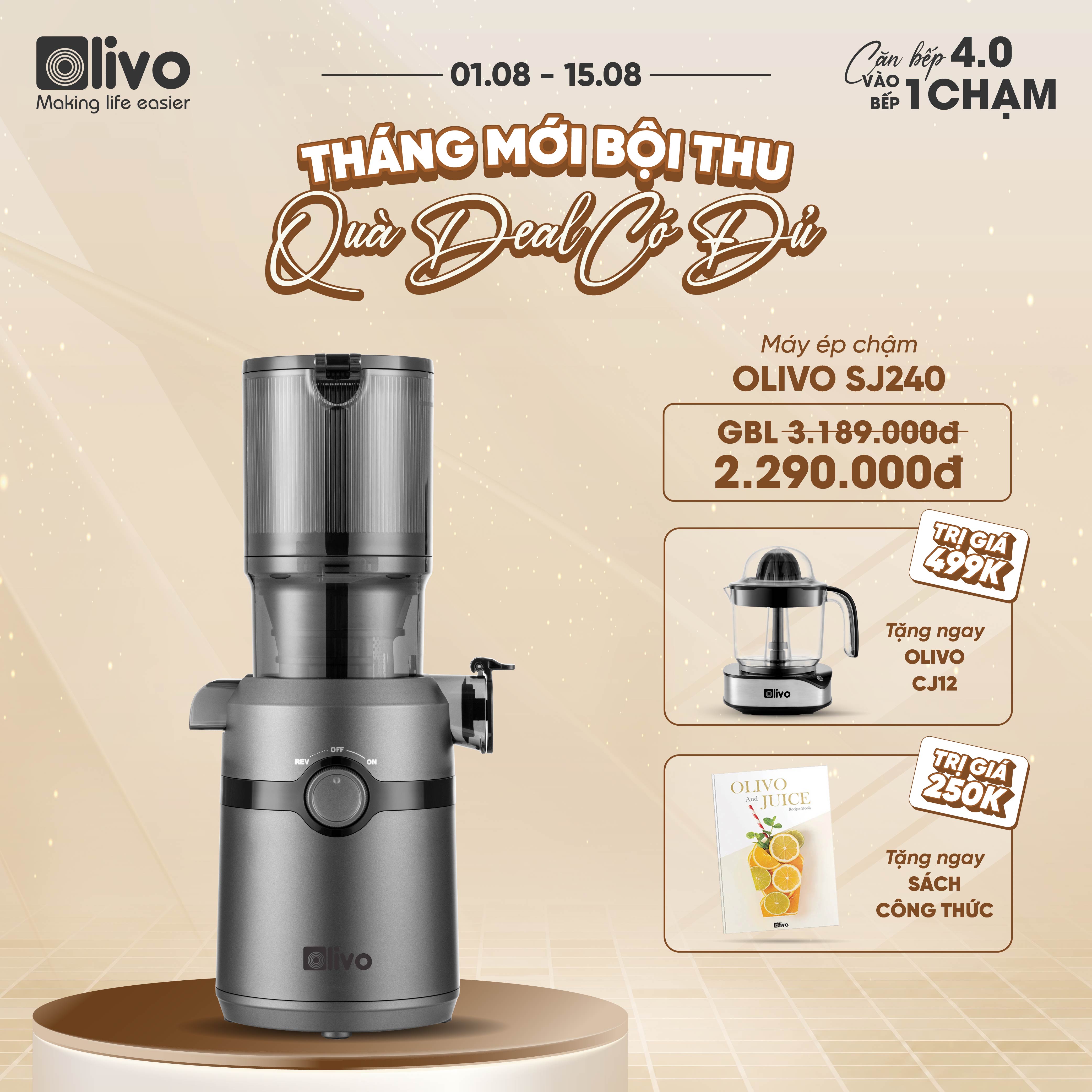 Máy Ép Chậm OLIVO SJ240 - Phiên Bản Giới Hạn Màu Titanium - Khoang Tiếp Lớn - Giải Pháp Hoàn Hảo Cho Việc Ép Kết Hợp Trái Cây, Rau Củ