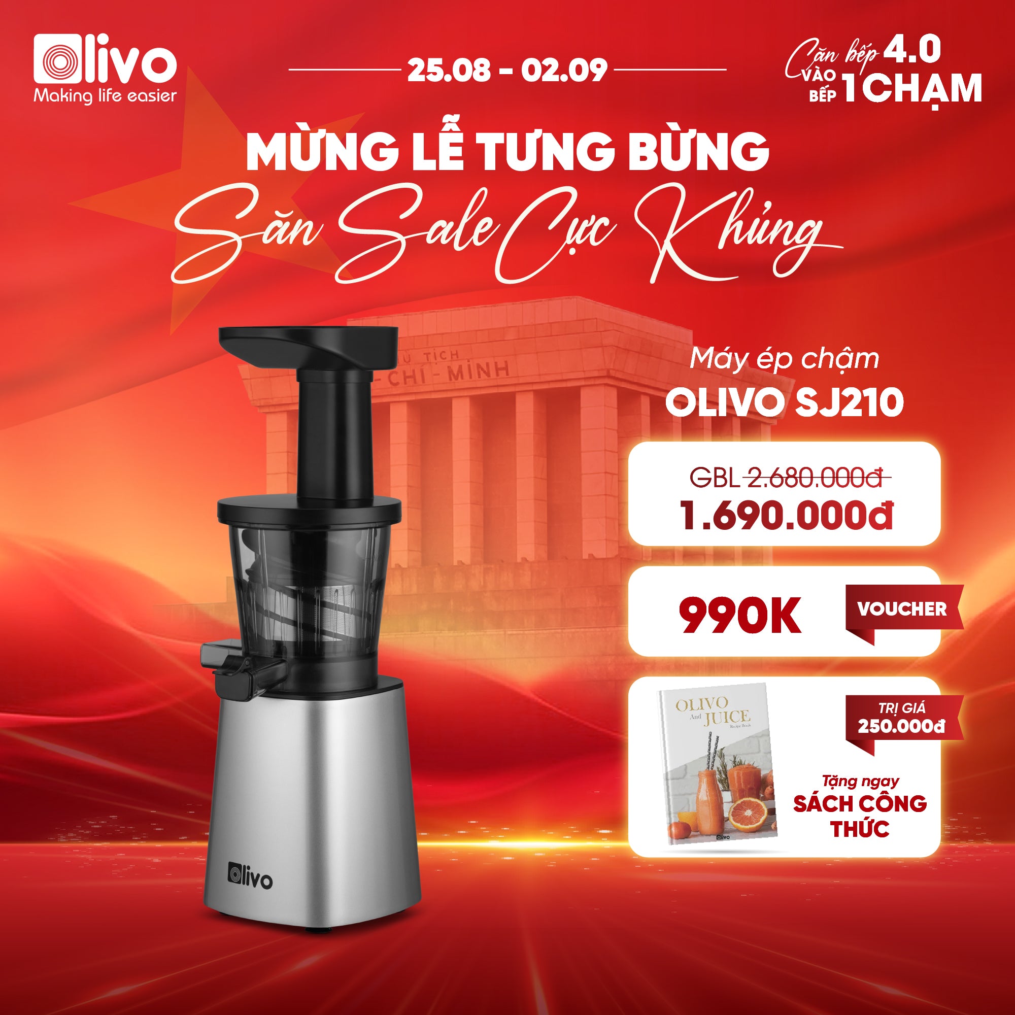 Máy Ép Chậm OLIVO SJ210- Ép Kiệt Bã 97% - Ép Trái Cây Hoa Quả Rau Củ Đa Năng