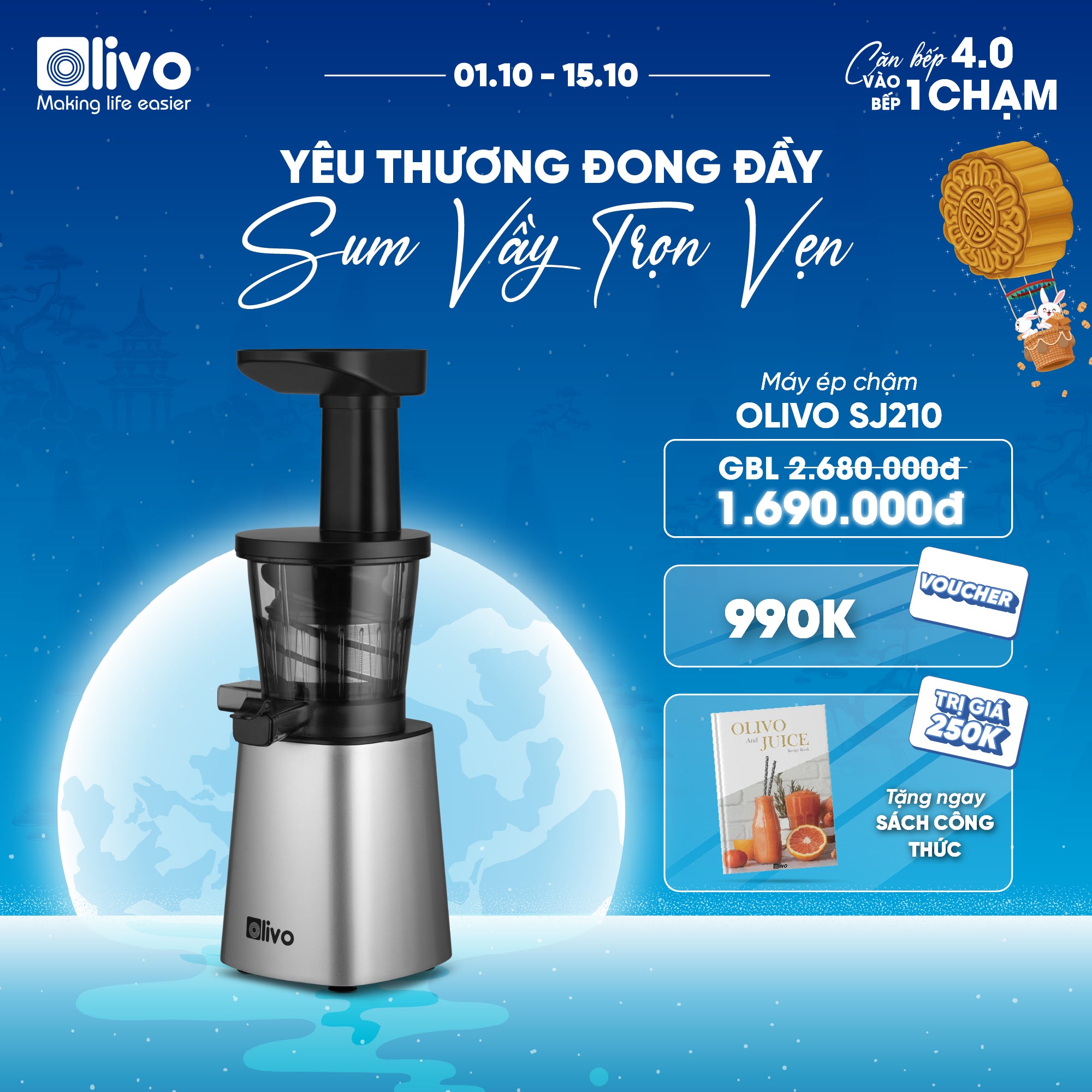 Máy Ép Chậm OLIVO SJ210- Ép Kiệt Bã 97% - Ép Trái Cây Hoa Quả Rau Củ Đa Năng
