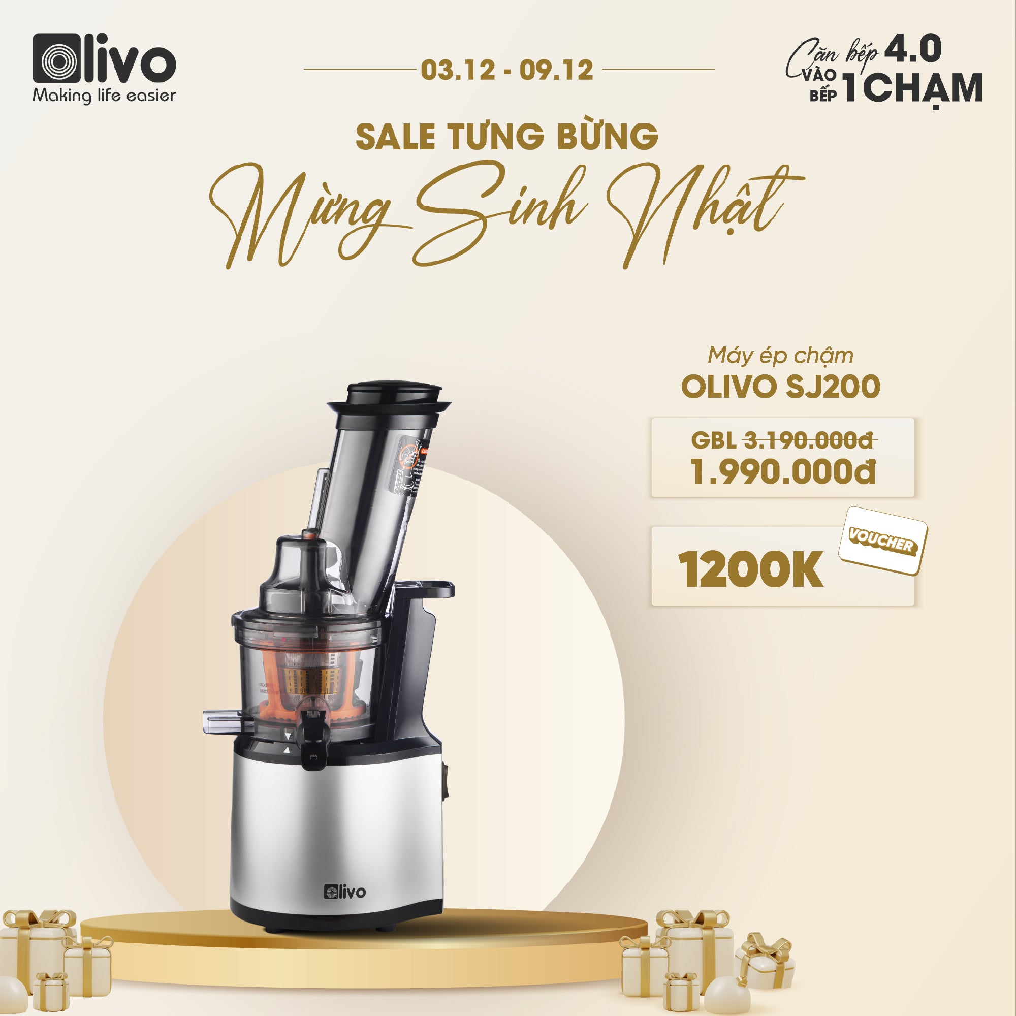Máy Ép Chậm OLIVO SJ200 Đa Năng - Ép Kiệt Bã 98% - Tốc Độ Chậm 39 vòng/phút - Dễ Vệ Sinh