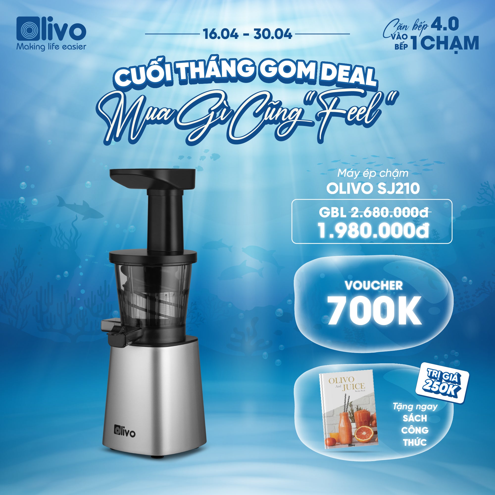 Máy Ép Chậm OLIVO SJ210- Ép Kiệt Bã 97% - Ép Trái Cây Hoa Quả Rau Củ Đa Năng