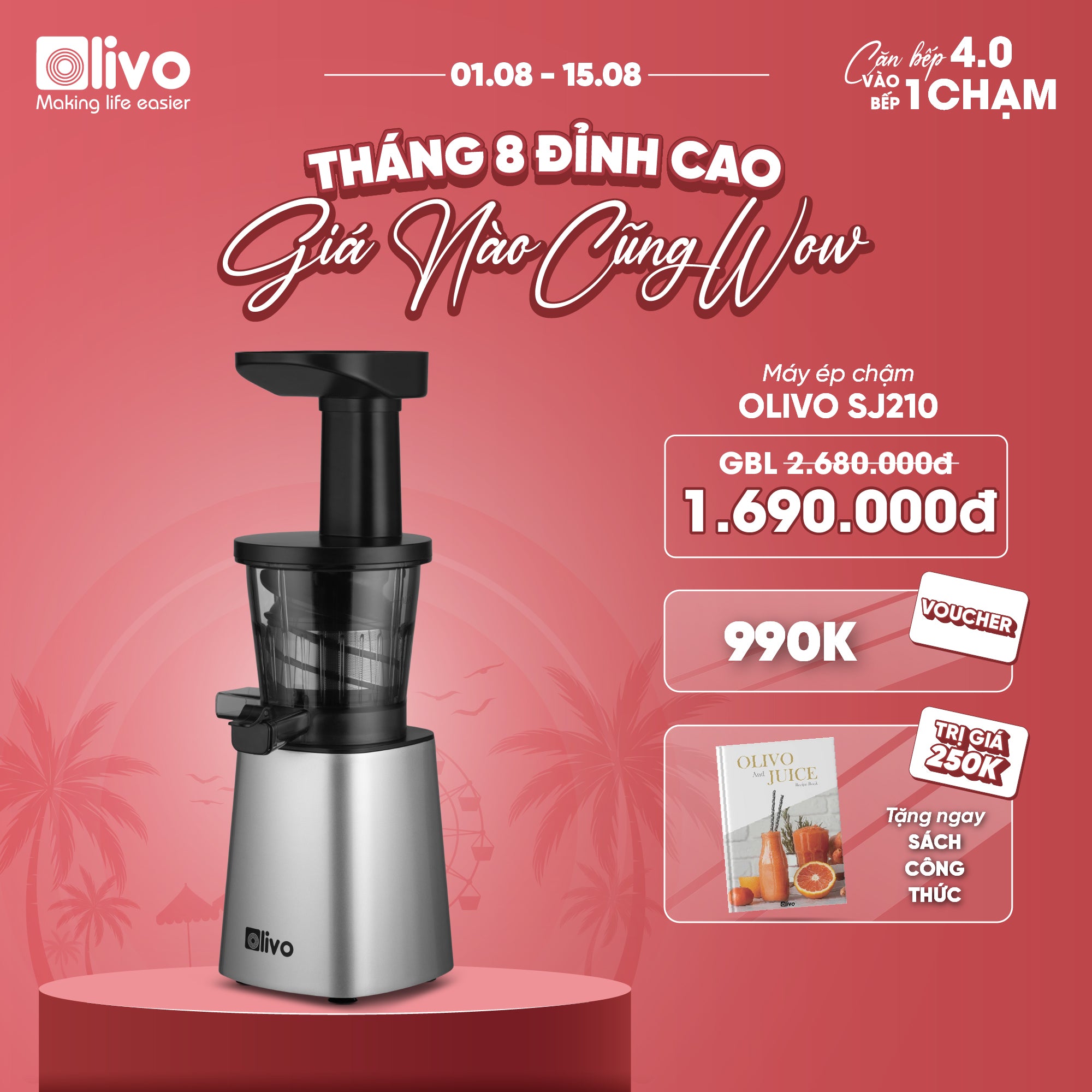 Máy Ép Chậm OLIVO SJ210- Ép Kiệt Bã 97% - Ép Trái Cây Hoa Quả Rau Củ Đa Năng