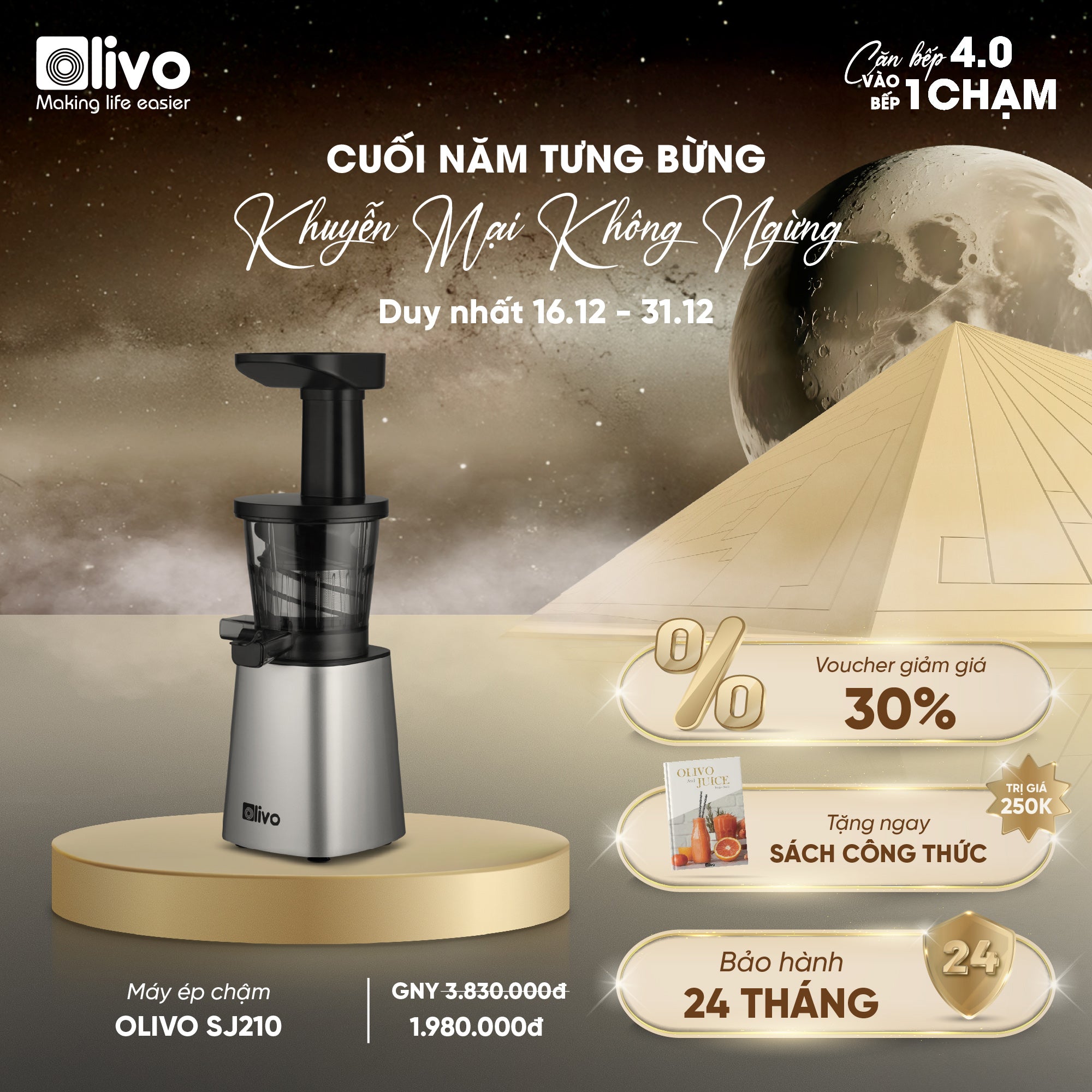 Máy Ép Chậm OLIVO SJ210- Ép Kiệt Bã 97% - Ép Trái Cây Hoa Quả Rau Củ Đa Năng