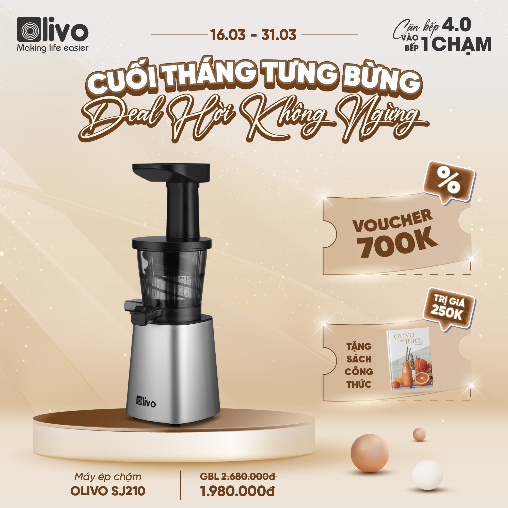 Máy Ép Chậm OLIVO SJ210- Ép Kiệt Bã 97% - Ép Trái Cây Hoa Quả Rau Củ Đa Năng