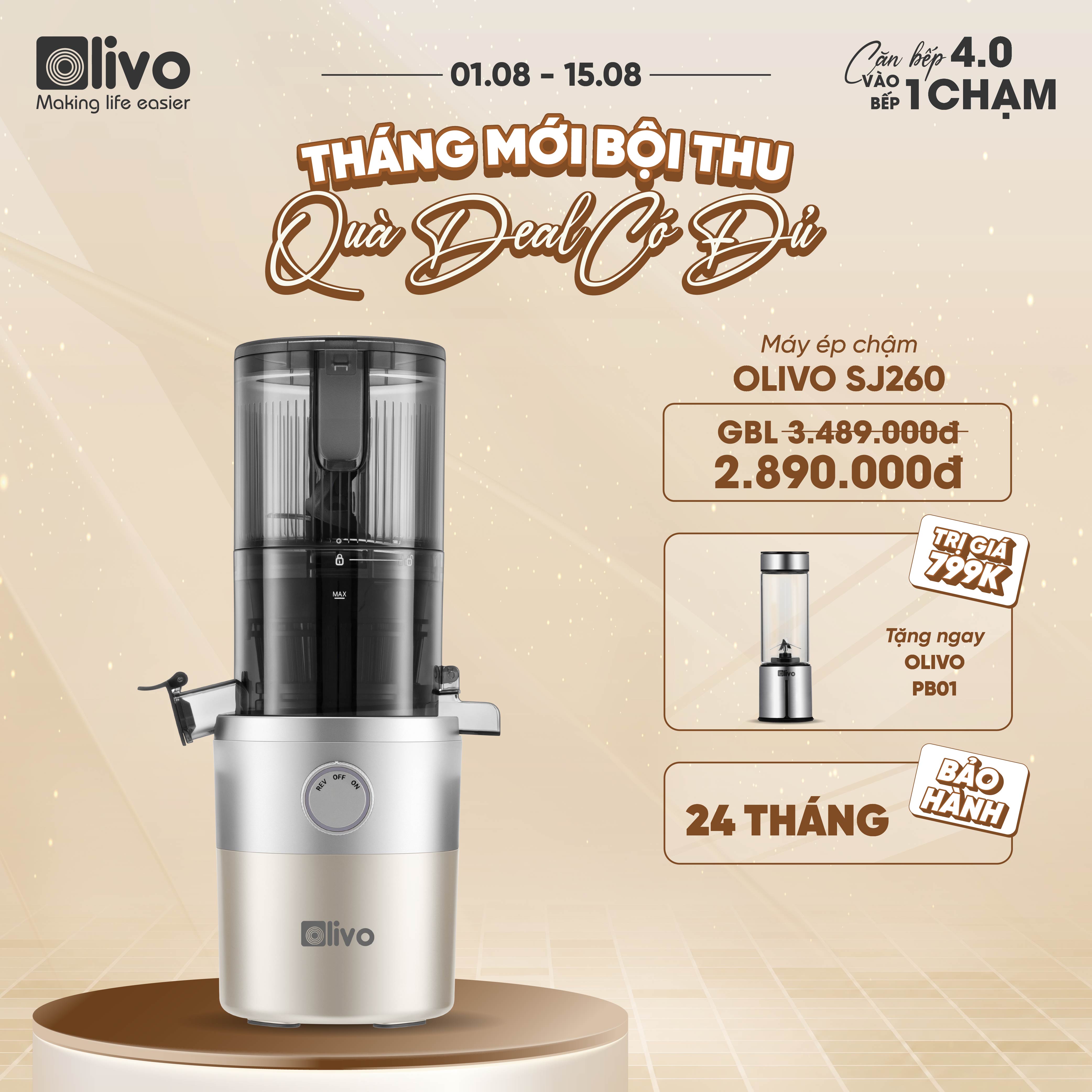 Máy Ép Chậm OLIVO SJ260 - Màu Solara, Lưỡi Dao Kép, Khoang Tiếp Lớn, Ép Kiệt, Dễ Dàng Vệ Sinh