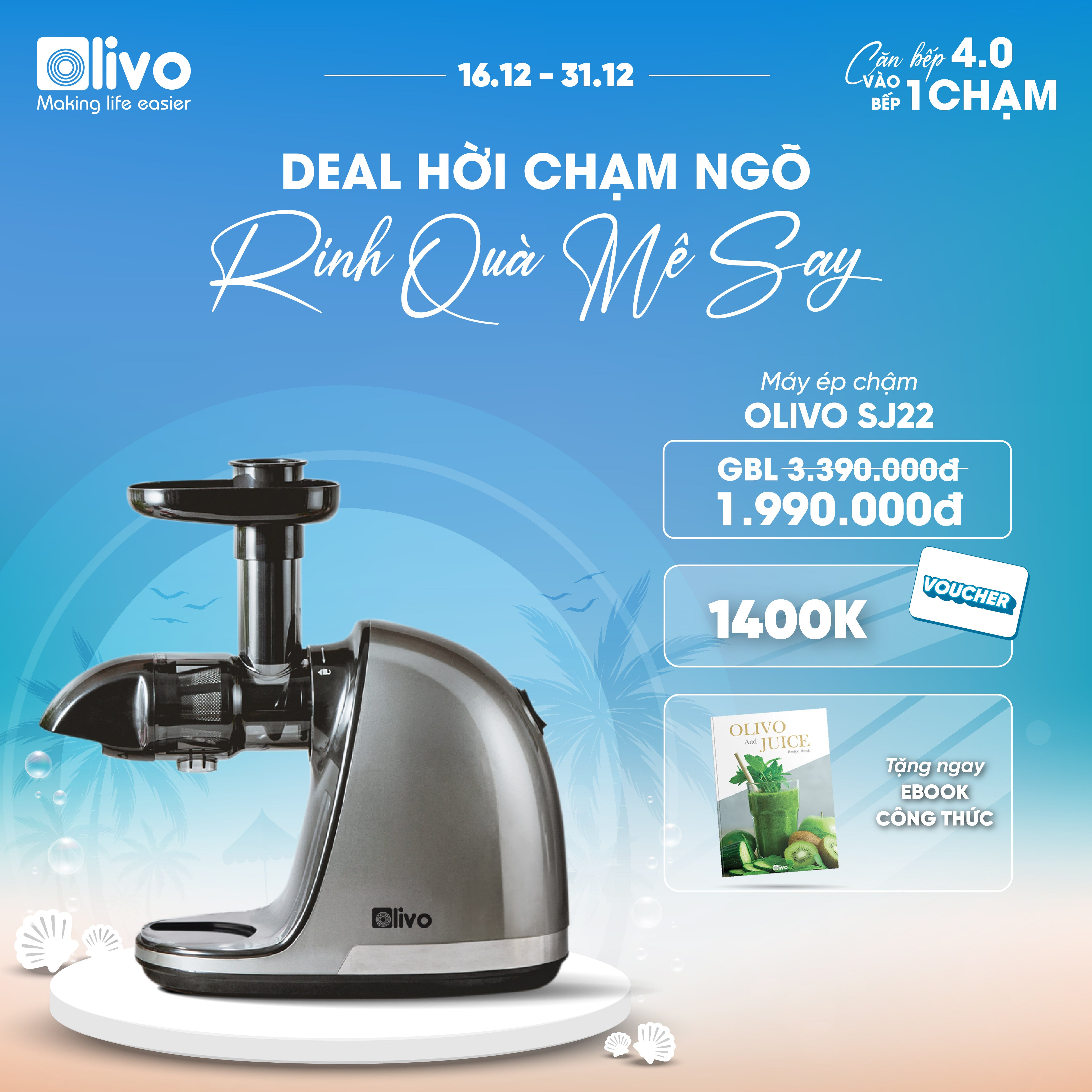 Máy Ép Chậm Trục Ngang OLIVO SJ22 - Ép Rau Không Lo Kẹt Máy - Ép Kiệt Bã - Dễ Vệ Sinh