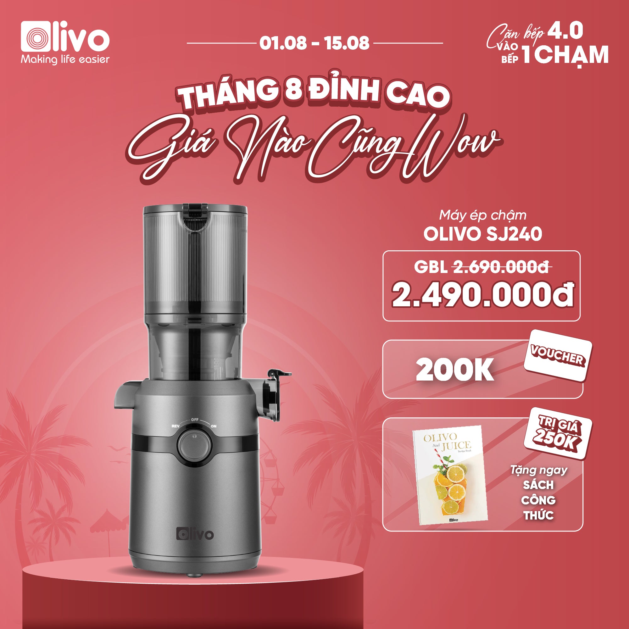 Máy Ép Chậm OLIVO SJ240 - Phiên Bản Giới Hạn Màu Titanium - Khoang Tiếp Lớn - Giải Pháp Hoàn Hảo Cho Việc Ép Kết Hợp Trái Cây, Rau Củ