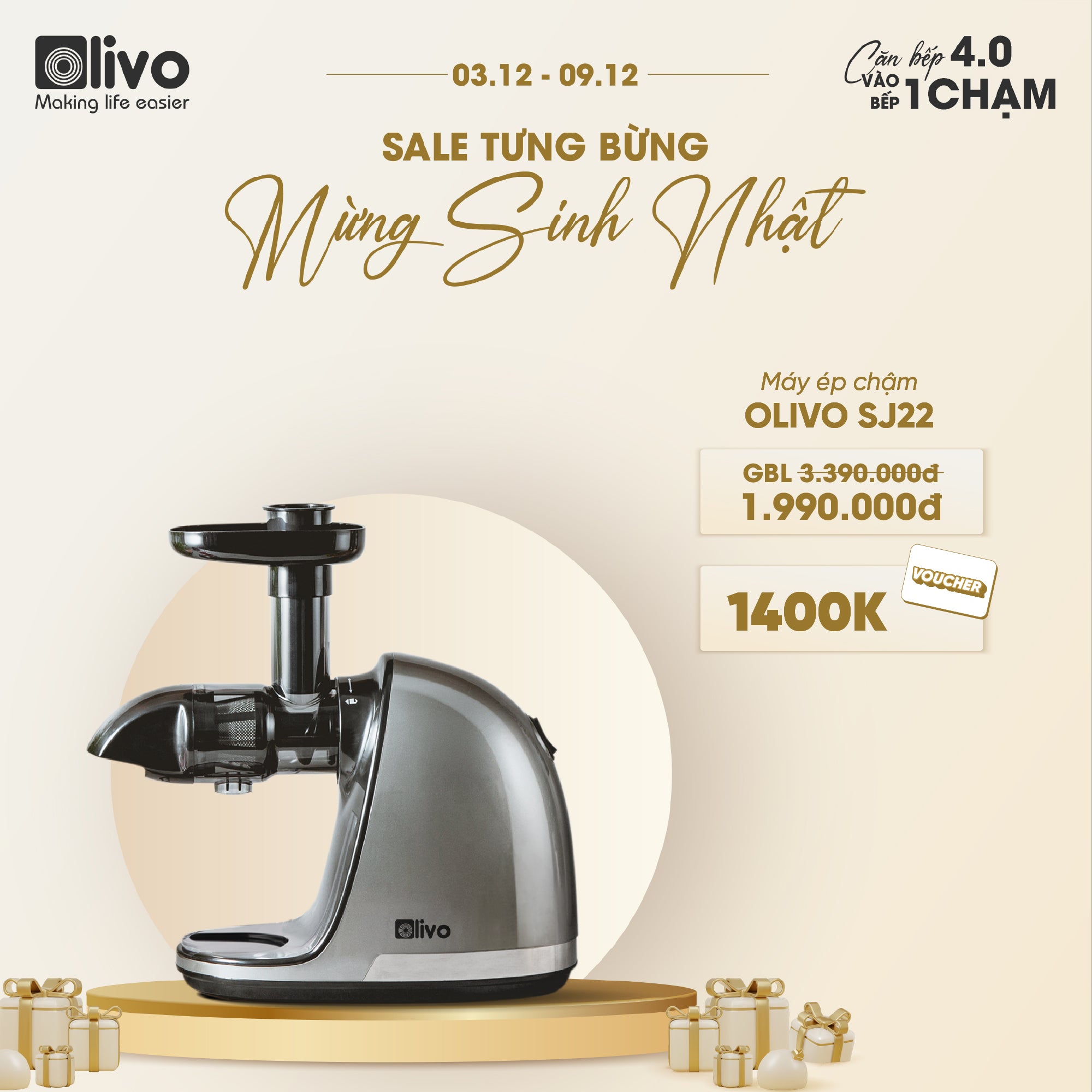 Máy Ép Chậm Trục Ngang OLIVO SJ22 - Ép Rau Không Lo Kẹt Máy - Ép Kiệt Bã - Dễ Vệ Sinh