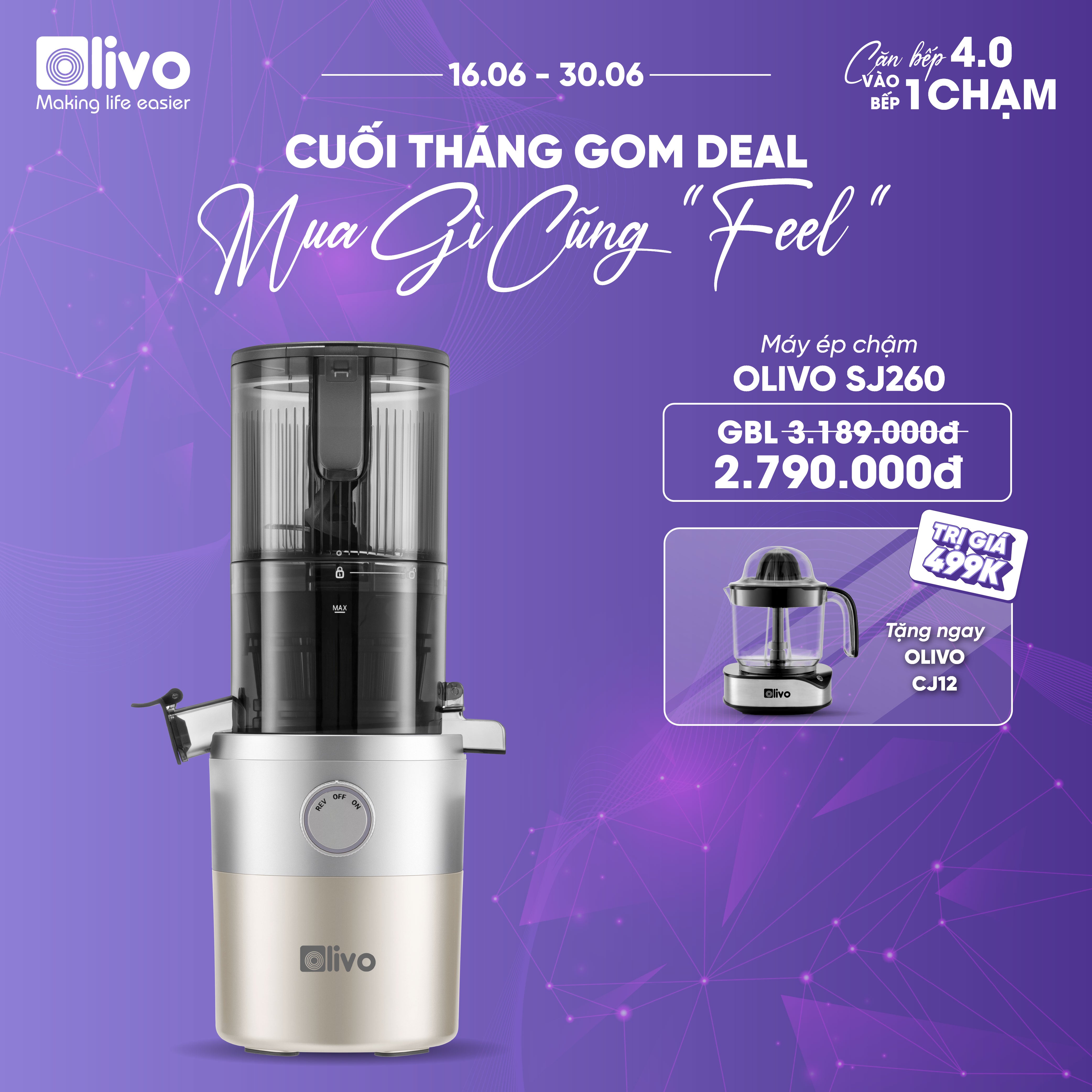 Máy Ép Chậm OLIVO SJ260 - Màu Solara, Lưỡi Dao Kép, Khoang Tiếp Lớn, Ép Kiệt, Dễ Dàng Vệ Sinh