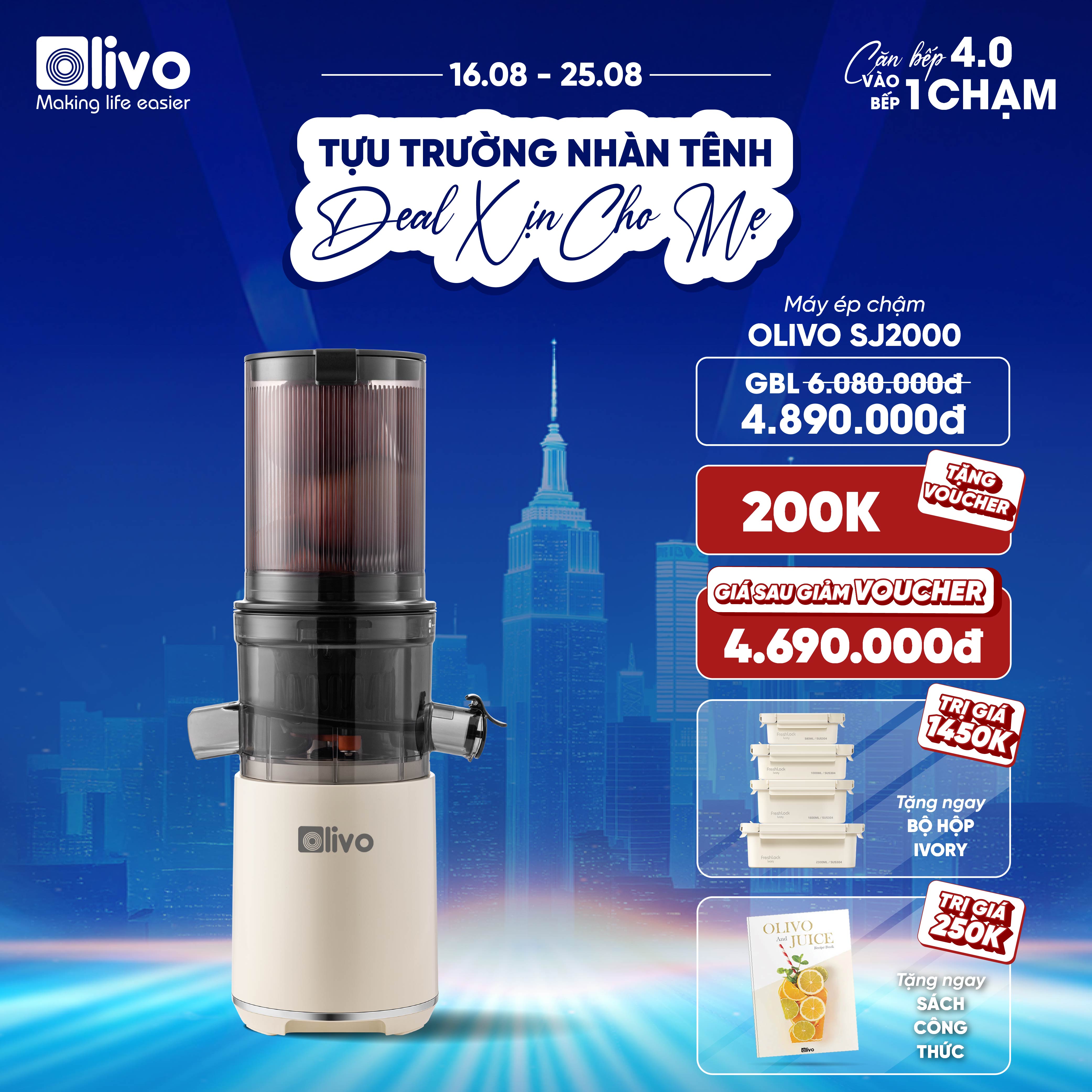 Máy Ép Chậm OLIVO SJ2000 - Khoang Tiếp Lớn, Củ Ép Kết Hợp Lưỡi Cắt Thông Minh, Thiết Kế Sang Trọng, Đẳng Cấp