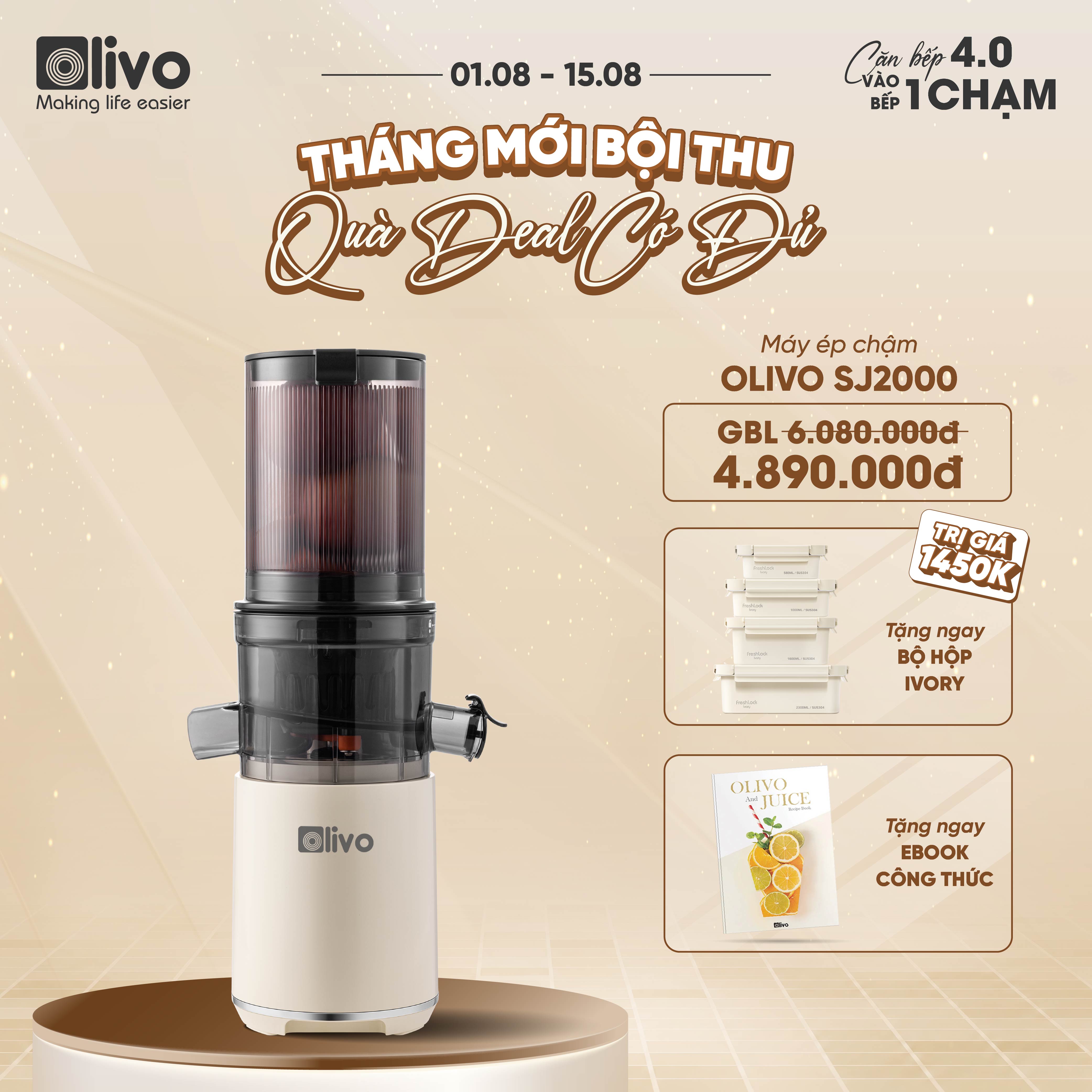 Máy Ép Chậm OLIVO SJ2000 - Khoang Tiếp Lớn, Củ Ép Kết Hợp Lưỡi Cắt Thông Minh, Thiết Kế Sang Trọng, Đẳng Cấp