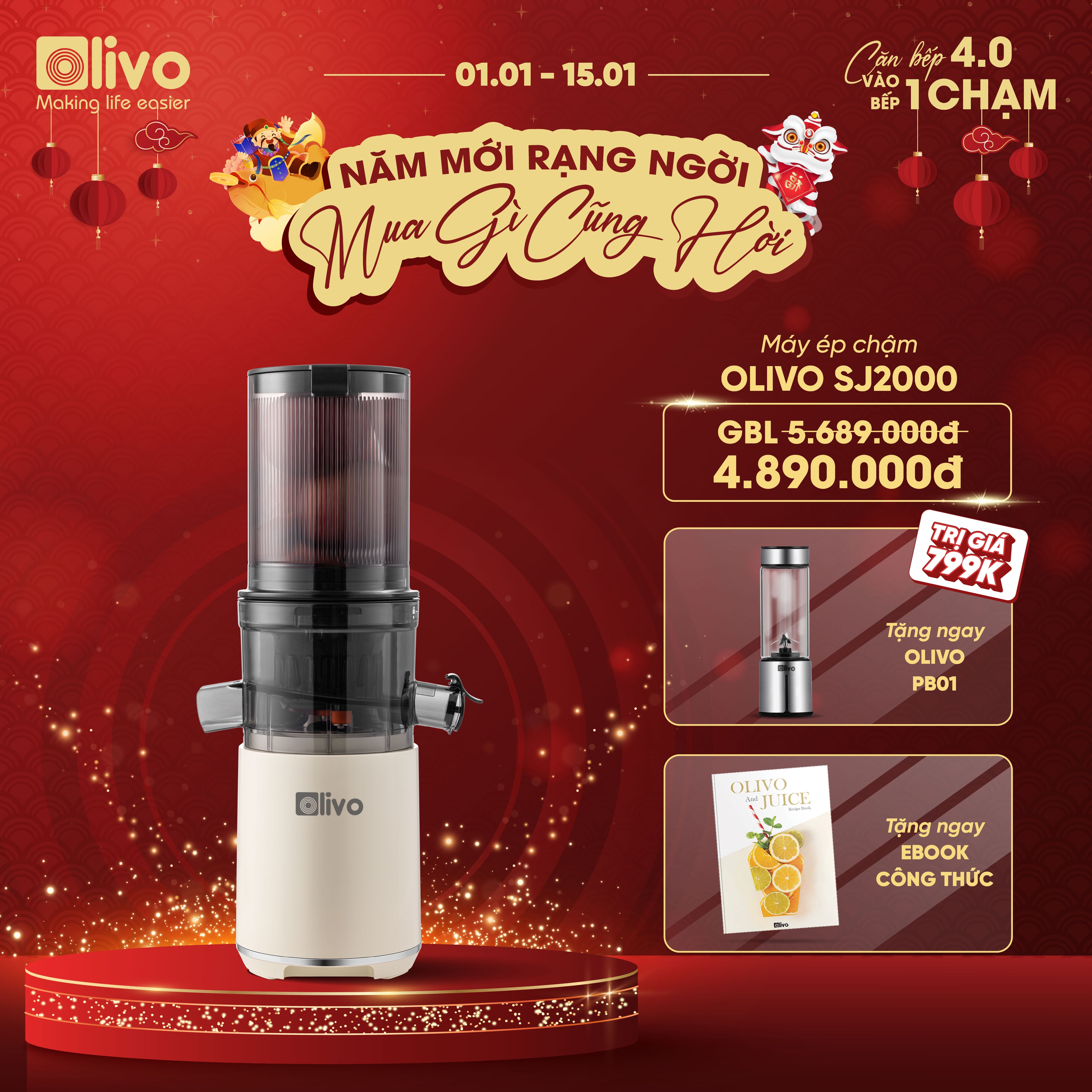 Máy Ép Chậm OLIVO SJ2000 - Khoang Tiếp Lớn, Củ Ép Kết Hợp Lưỡi Cắt Thông Minh, Thiết Kế Sang Trọng, Đẳng Cấp
