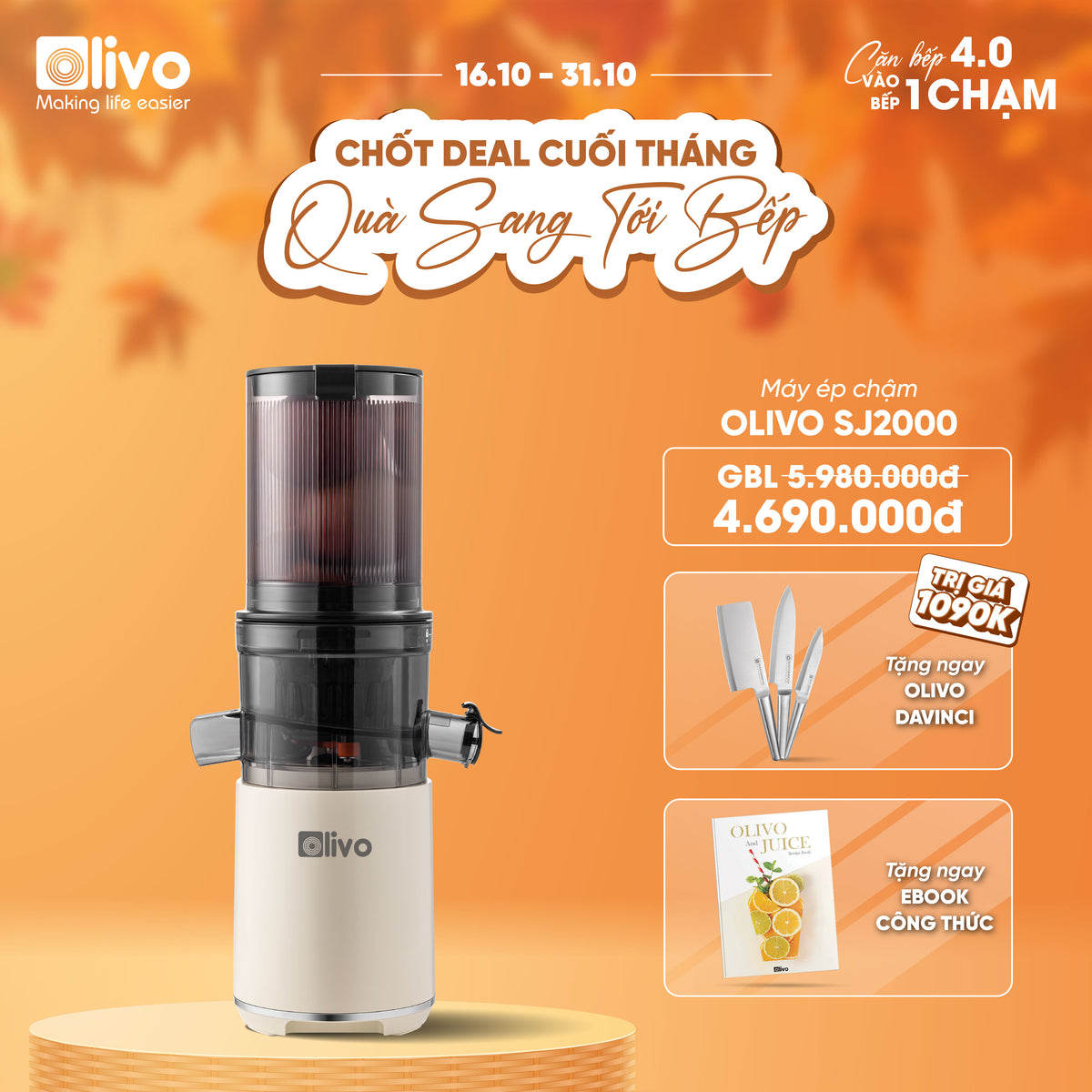 Máy Ép Chậm OLIVO SJ2000 - Khoang Tiếp Lớn, Củ Ép Kết Hợp Lưỡi Cắt Thông Minh, Thiết Kế Sang Trọng, Đẳng Cấp