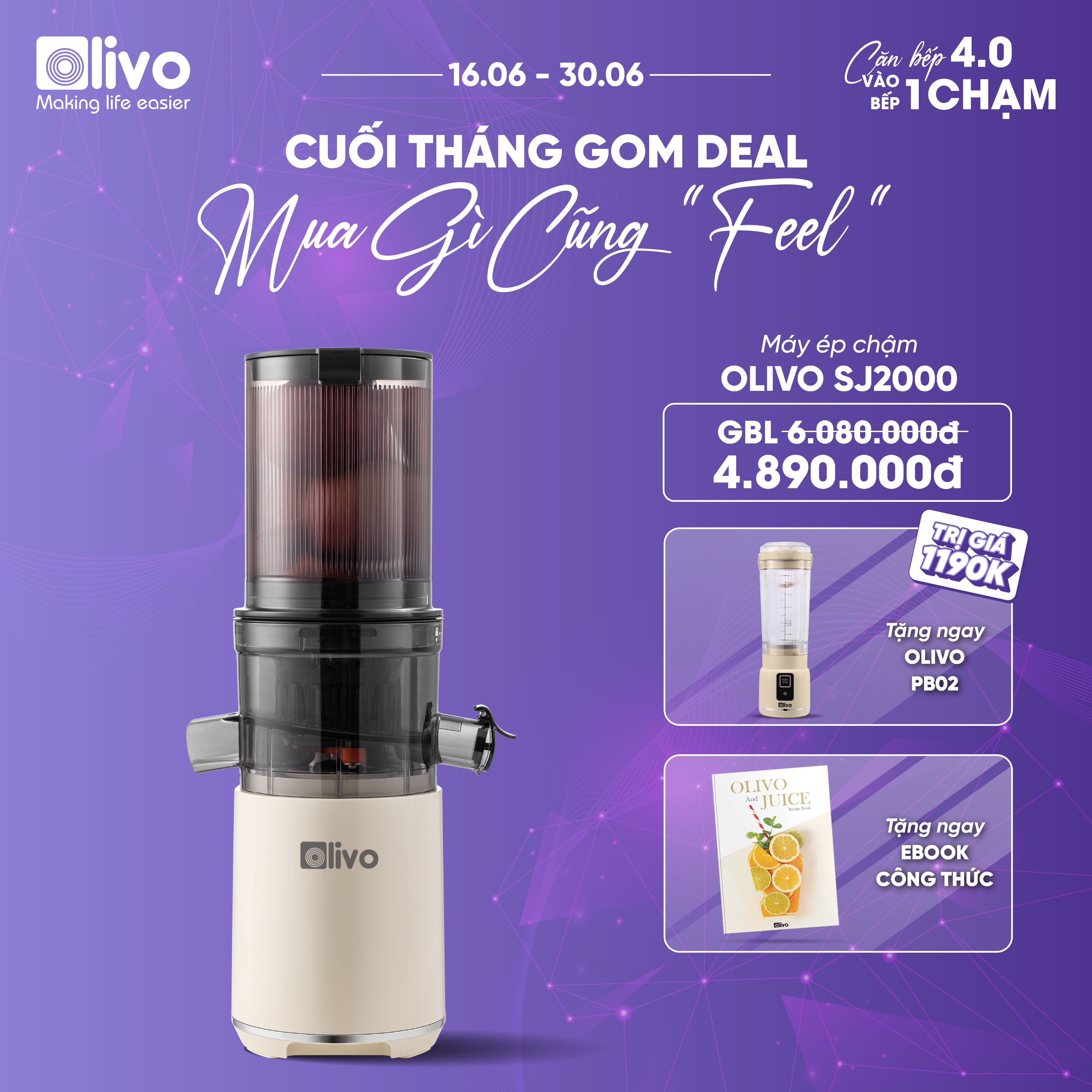 Máy Ép Chậm OLIVO SJ2000 - Khoang Tiếp Lớn, Củ Ép Kết Hợp Lưỡi Cắt Thông Minh, Thiết Kế Sang Trọng, Đẳng Cấp