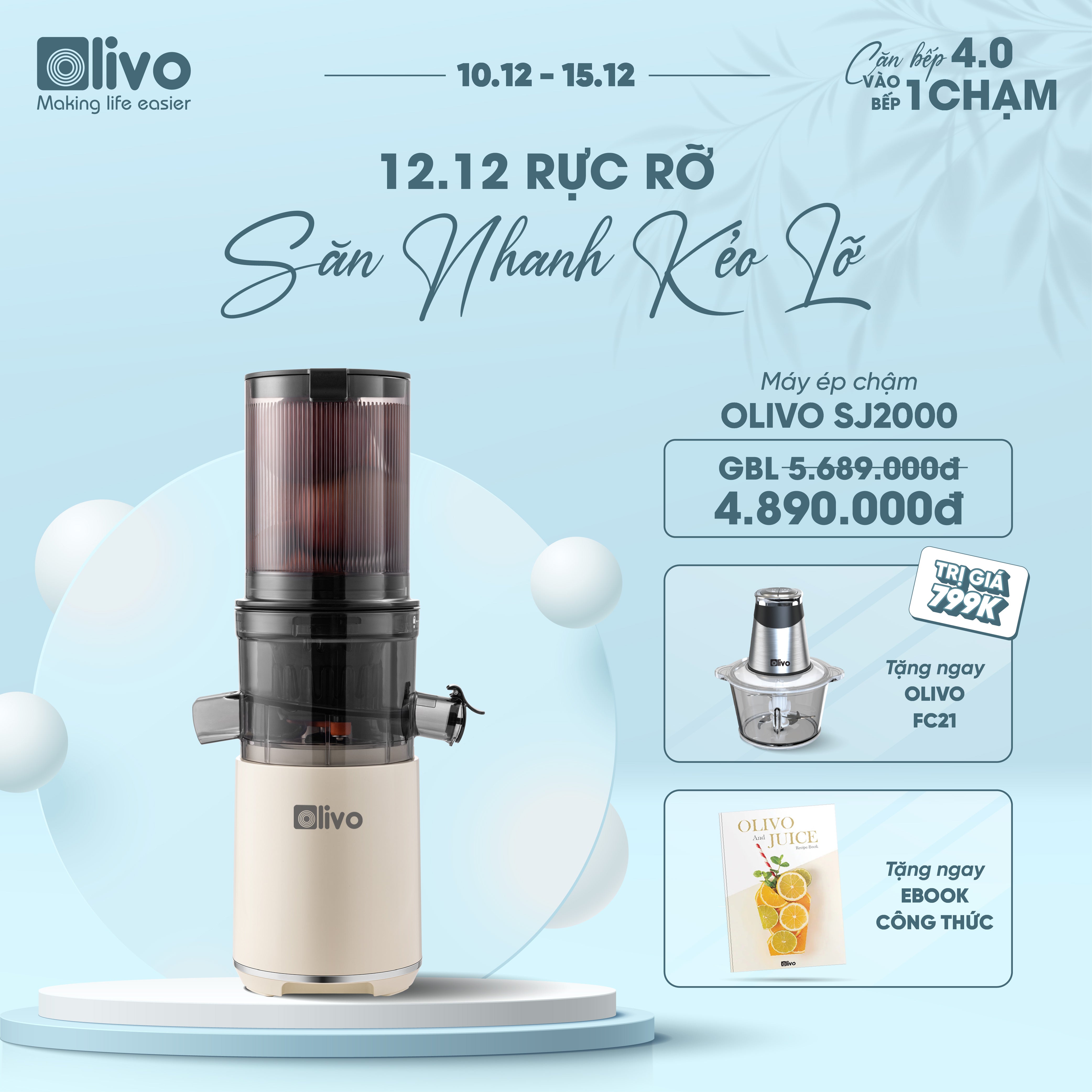 Máy Ép Chậm OLIVO SJ2000 - Khoang Tiếp Lớn, Củ Ép Kết Hợp Lưỡi Cắt Thông Minh, Thiết Kế Sang Trọng, Đẳng Cấp