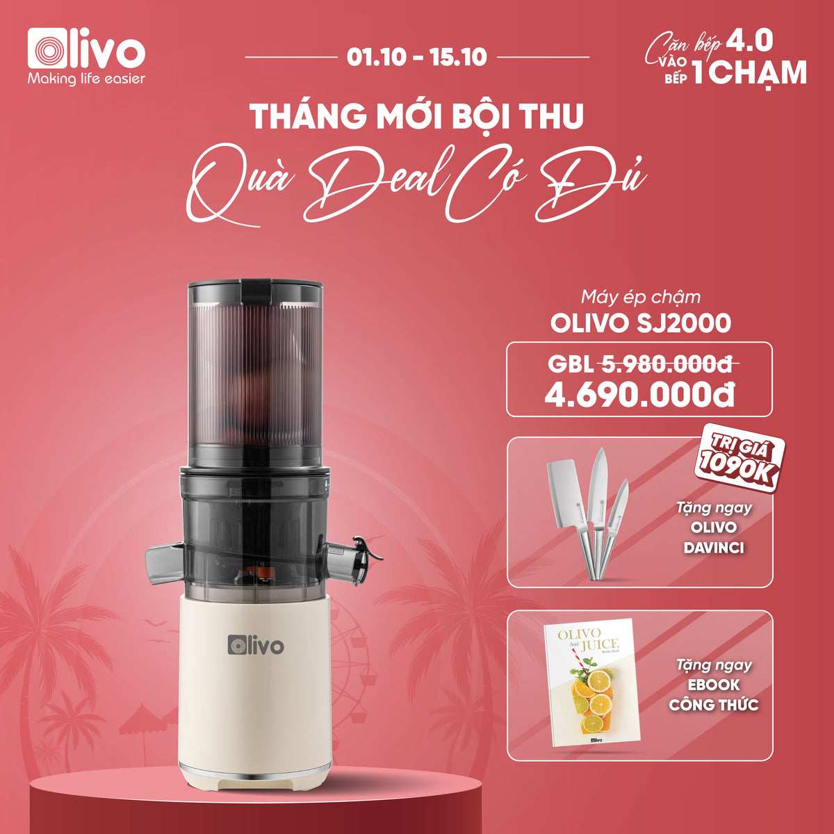 Máy Ép Chậm OLIVO SJ2000 - Khoang Tiếp Lớn, Củ Ép Kết Hợp Lưỡi Cắt Thông Minh, Thiết Kế Sang Trọng, Đẳng Cấp