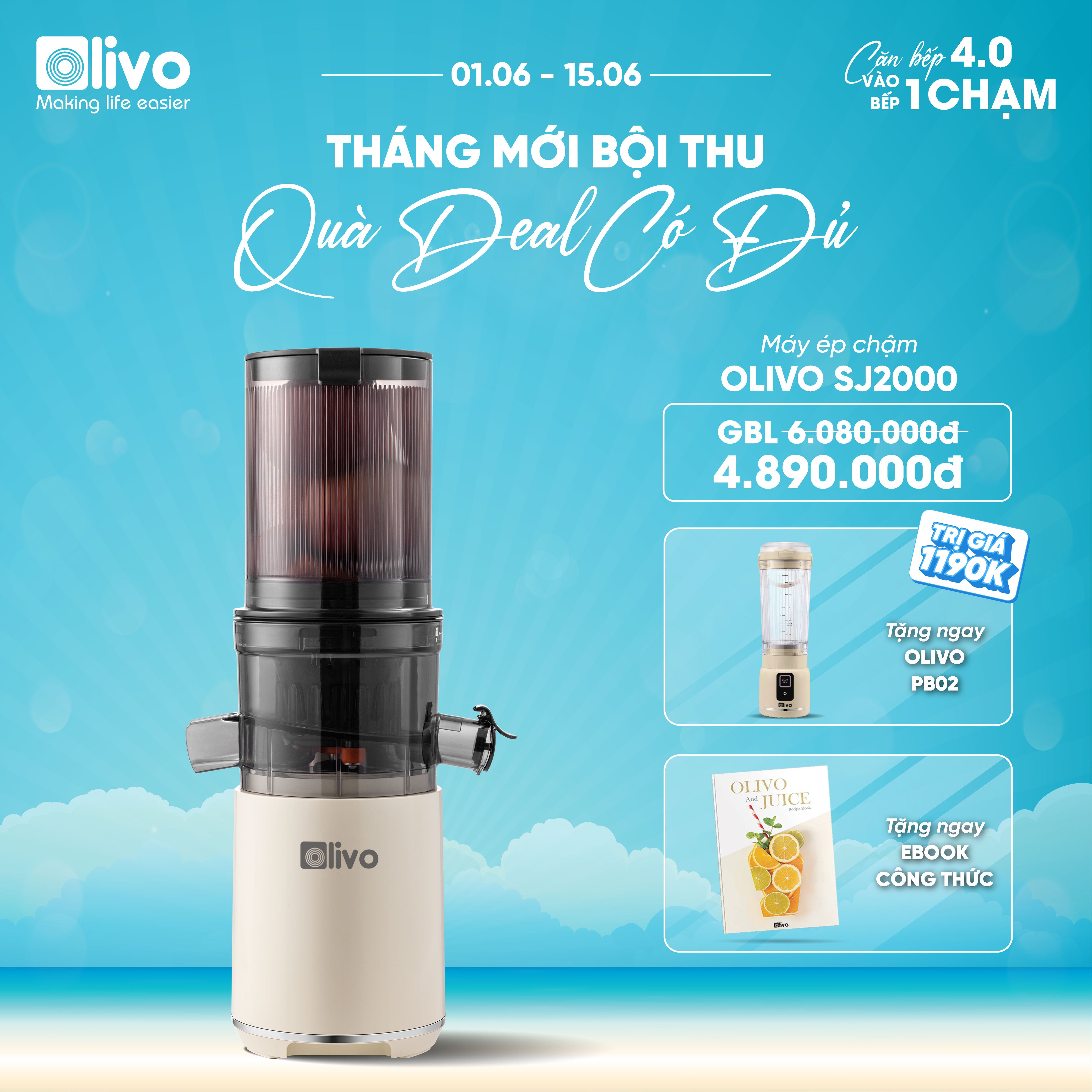 Máy Ép Chậm OLIVO SJ2000 - Khoang Tiếp Lớn, Củ Ép Kết Hợp Lưỡi Cắt Thông Minh, Thiết Kế Sang Trọng, Đẳng Cấp