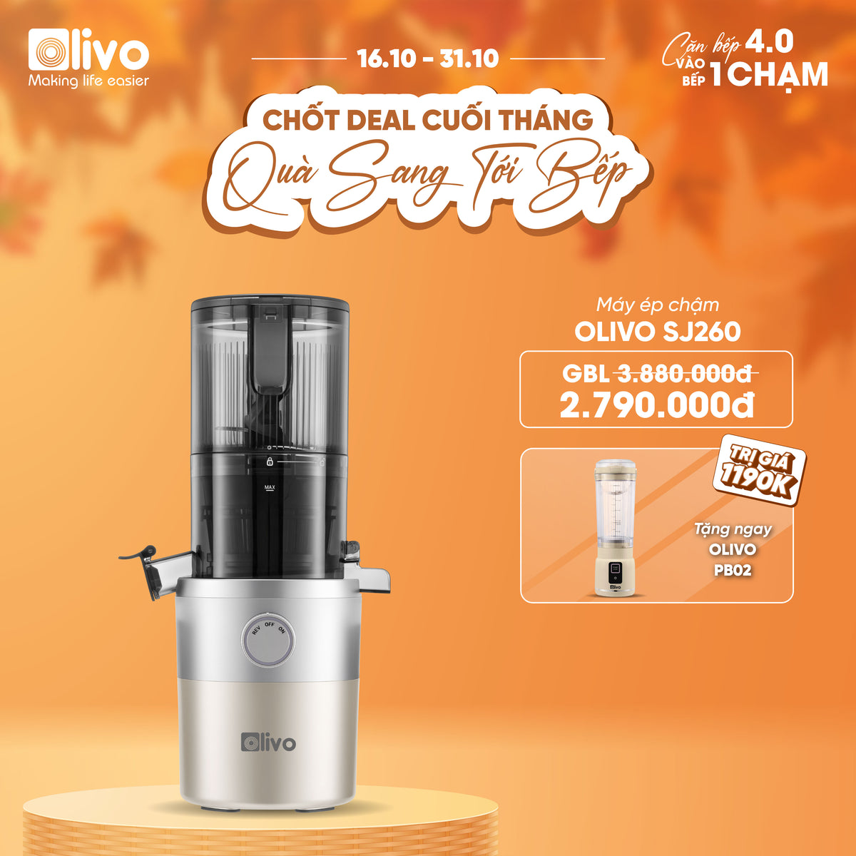 Máy Ép Chậm OLIVO SJ260 - Màu Solara, Lưỡi Dao Kép, Khoang Tiếp Lớn, Ép Kiệt, Dễ Dàng Vệ Sinh